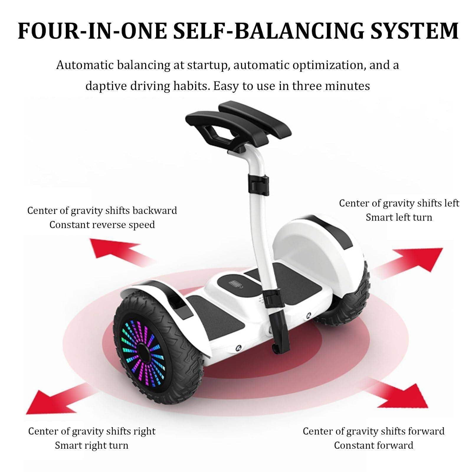 Trottinette Électrique Auto-Équilibrée 10 Pouces, Hoverboard Tout Terrain, Avec Haut-Parleur Bluetooth, Commandes Manuelles/Au Pied/Application, Système D'auto-Équilibrage White