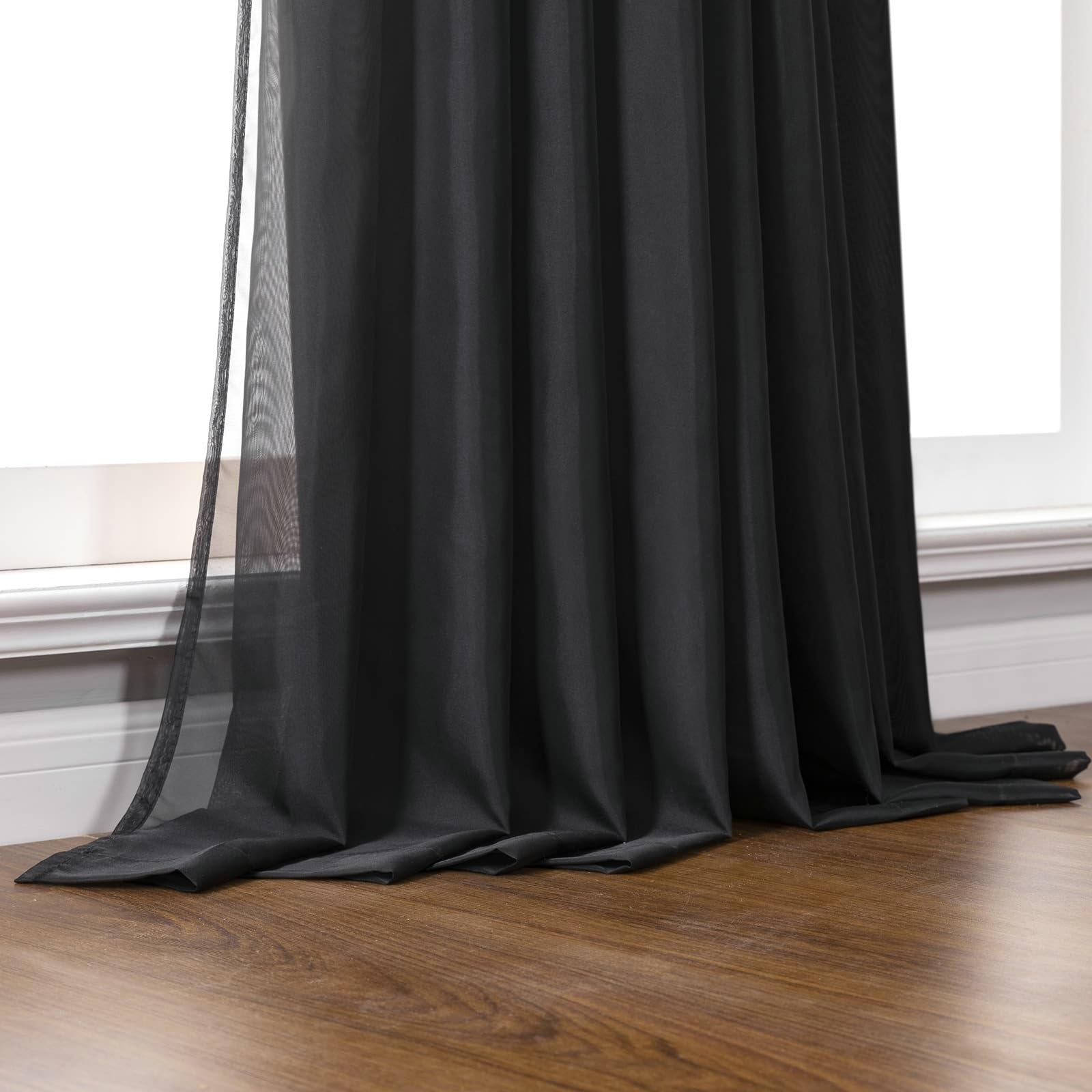Schwarz Voile Vorhänge Transparent 2 Stück, Polyester Vorhänge 137 Breit Rod Tasche Einfarbig für Schlafzimmer, H160 x B137 cm