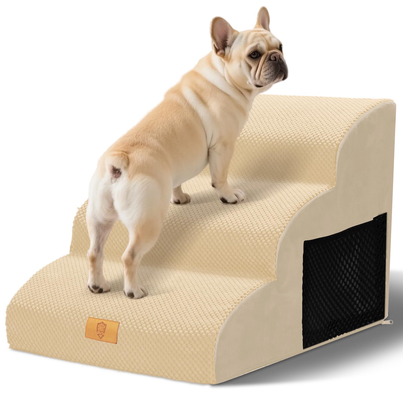 Small Dog Stairs 40 cm High Density Sponge 3 Steps for Bed and Sofa with Washable Cover and Non-Slip Base, 60 x 40 x 40 cm