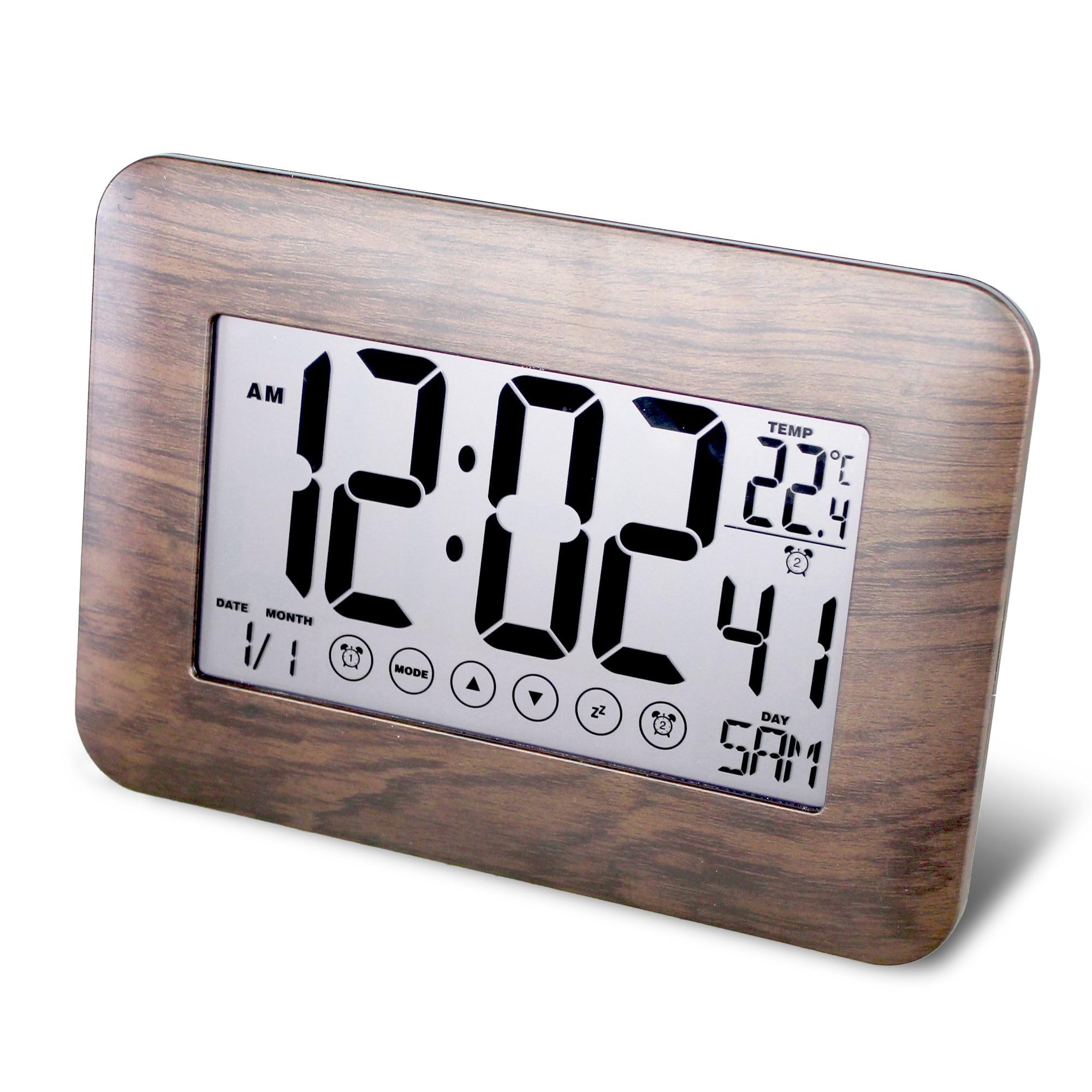 Reloj Despertador Digital radiocontrolado con Pantalla táctil - Pantalla Calendario: Fecha, Día, Hora + Temperatura - 2 Alarmas & Función Snooze