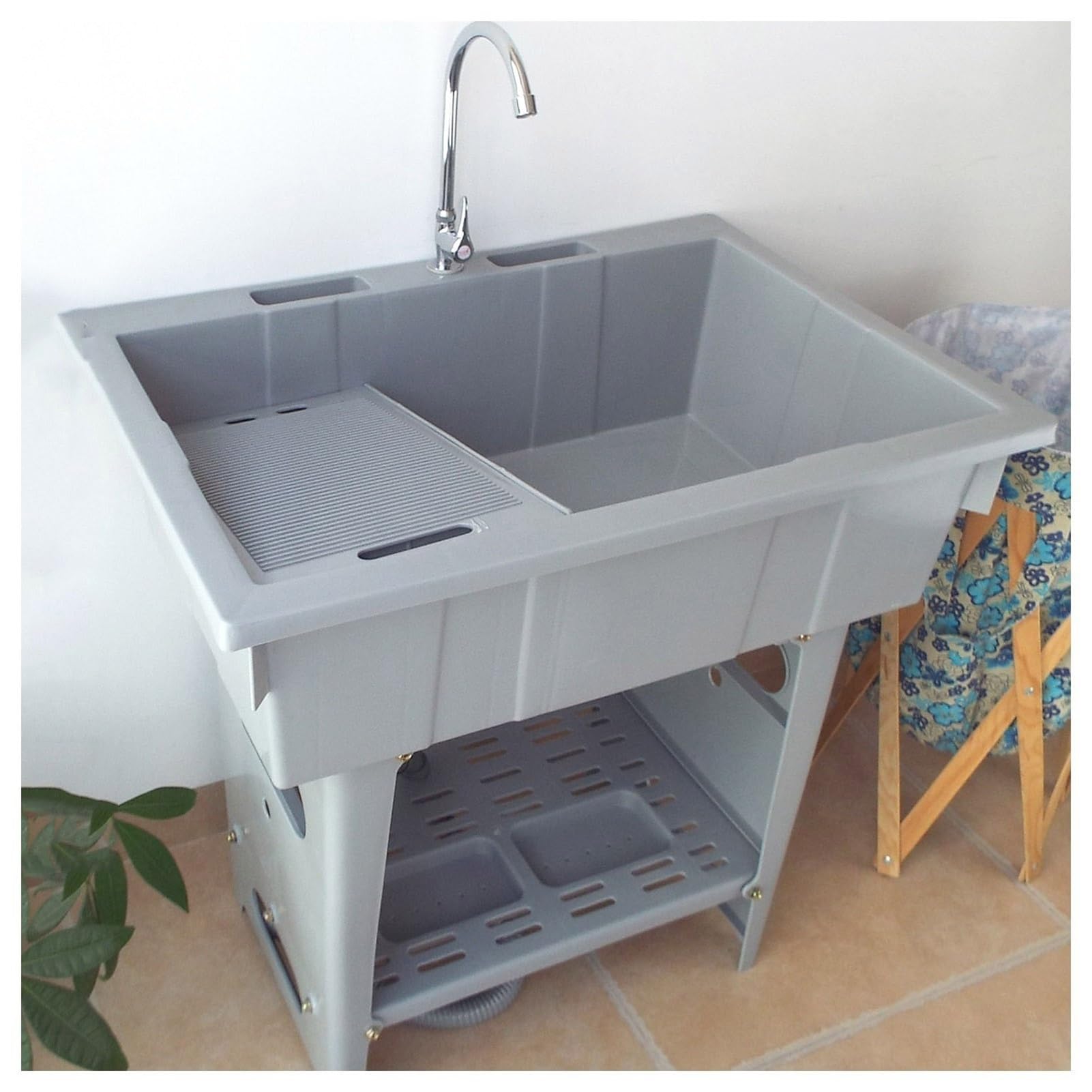 HYSOPSPX Freestanding Plastic Laundry Sink with Washboard, Utility Tub for Washing Room, Portable Hand Wash Station Hose Hook Up, Outdoor Backyard and Garden