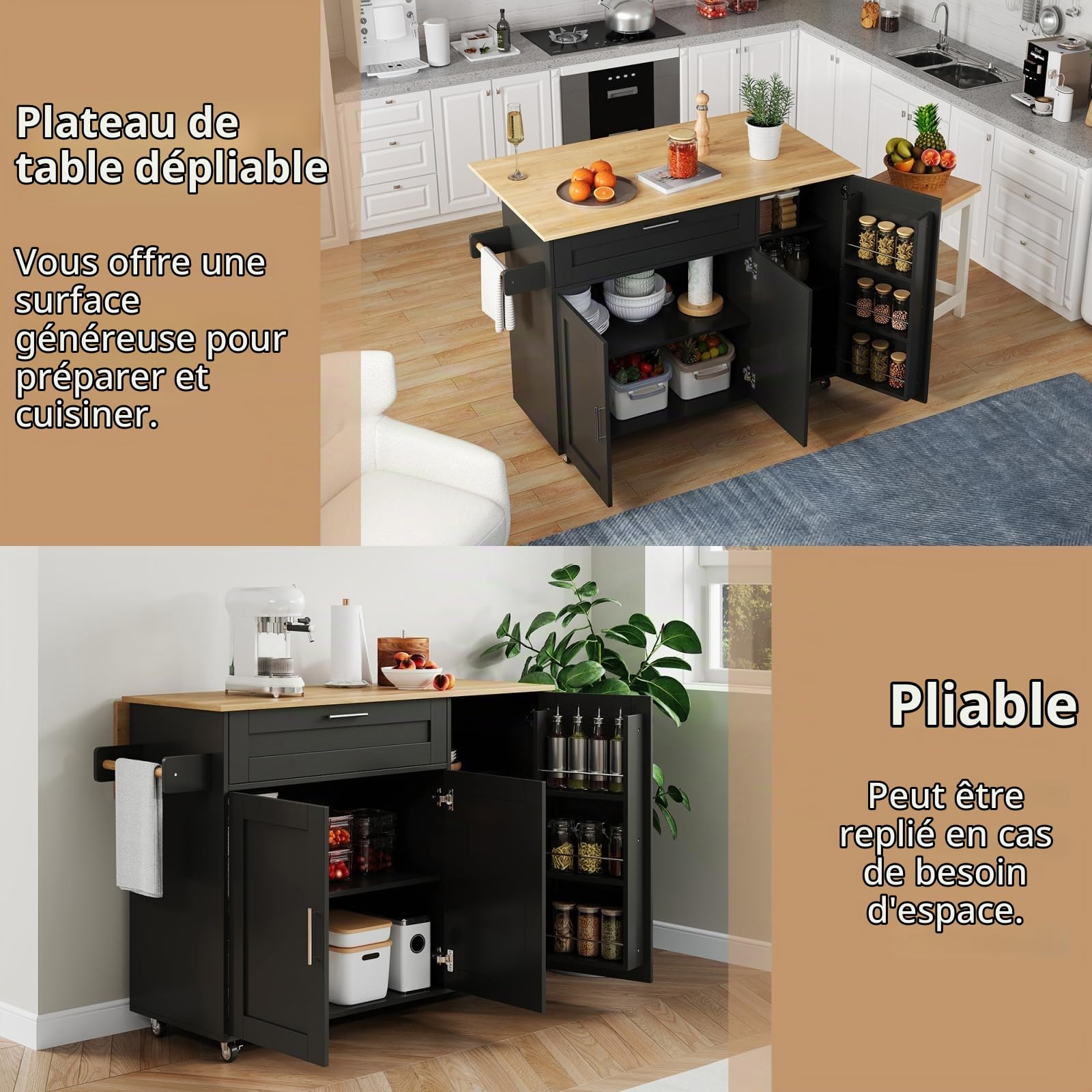 KOMHTOM Desserte Cuisine Meuble de Rangement Cuisine avec 1 tiroir et 3 Portes Placard Cuisine, Meubles de Cuisine avec Plans de Travail Buffet Salle a Manger (Noir)