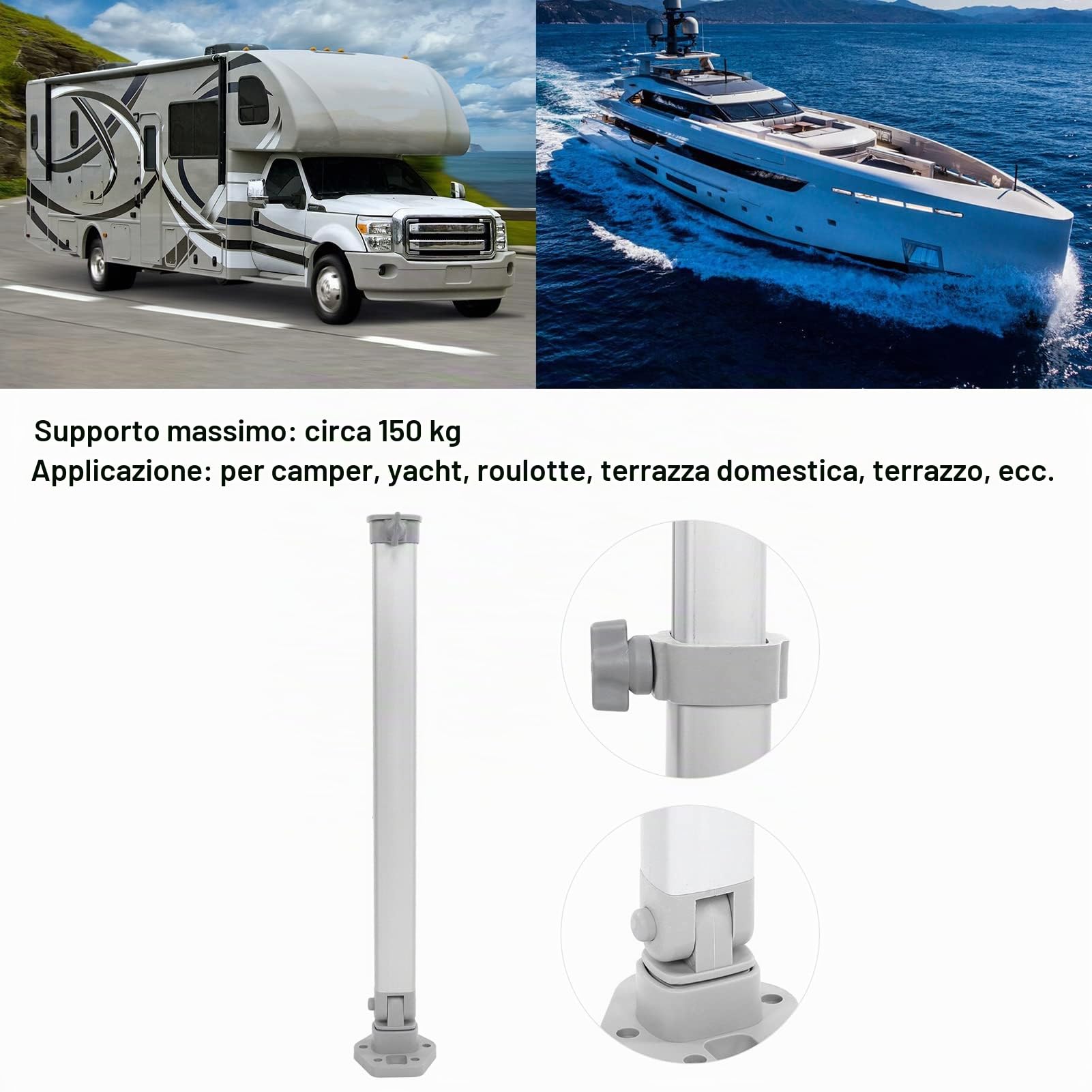 Gamba del Tavolo Regolabile, Portata Massima 150 Kg, Supporto Telescopico Pieghevole Per Sollevamento Altezza 510-760 Mm Per Camper, Caravan, Barca, Yacht, Camper, Terrazza di Casa
