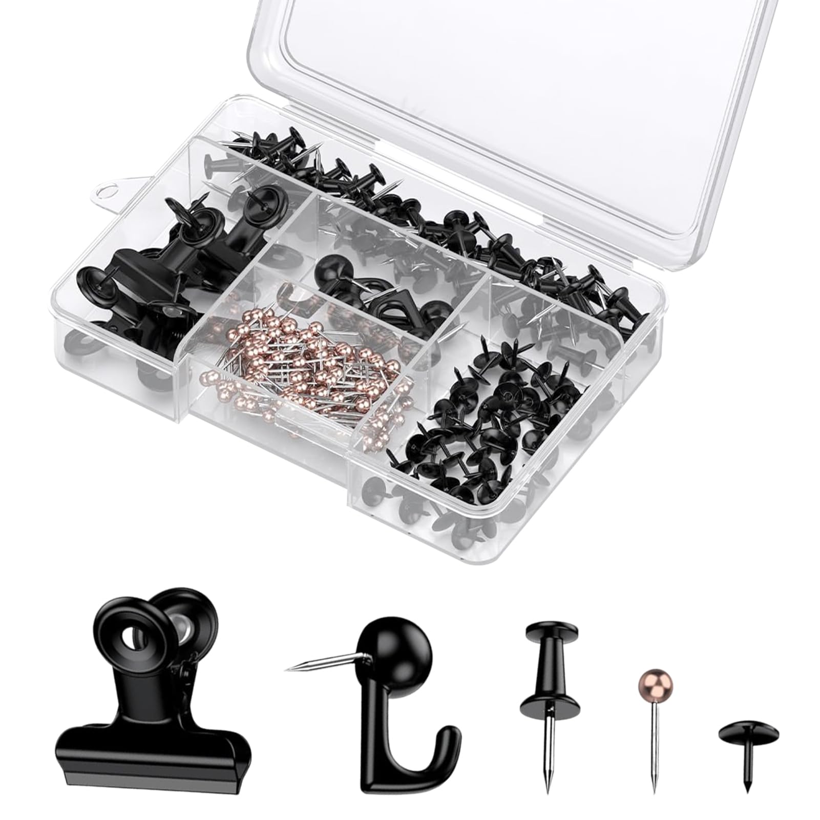200 PCS Black Push Pins, 5 Styles Thumb Tacks with Storage Box for Cork and Bulletin Boards for Photos, Notes and Decor