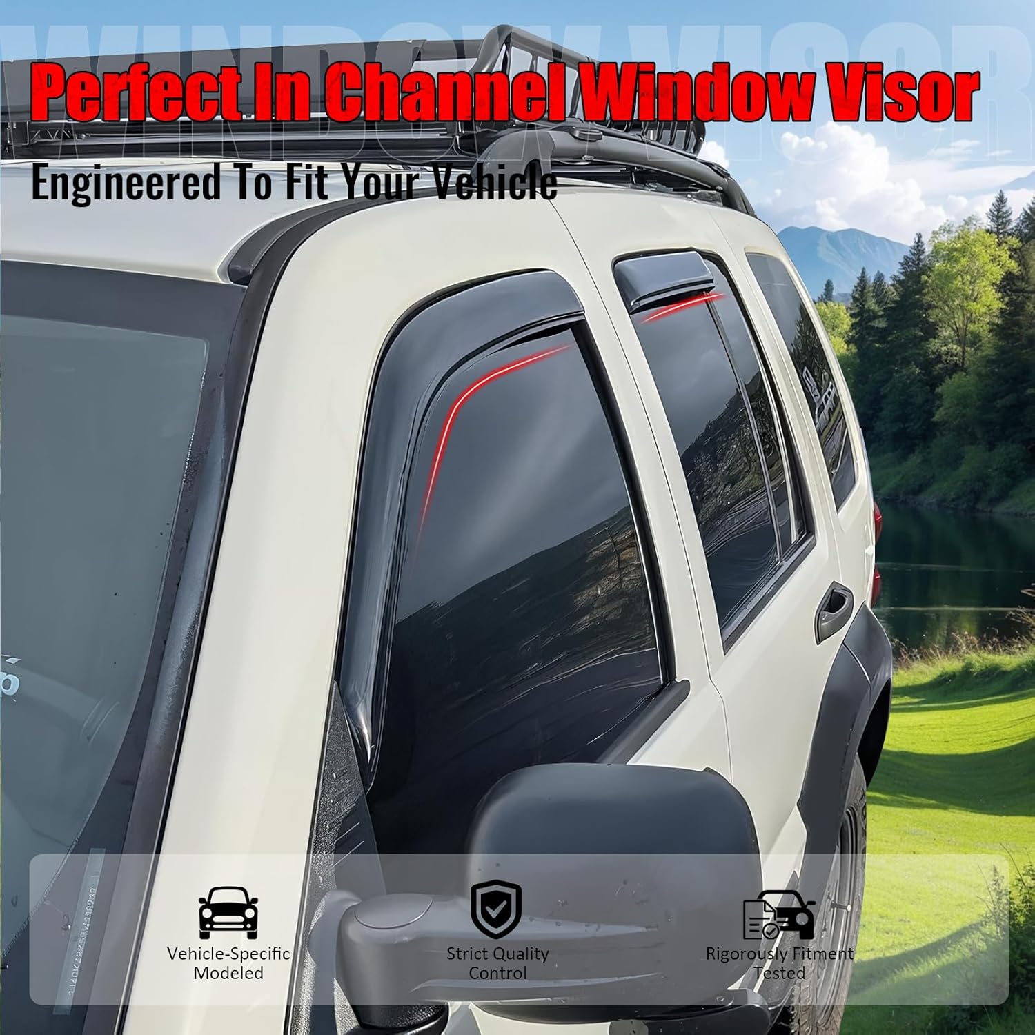 IKON MOTORSPORTS in Channel Window Visors Compatible with 2002-2007 Jeep Liberty, Slim Style Acrylic Smoke Rain Guards, Side Window Wind Deflectors 4PCS