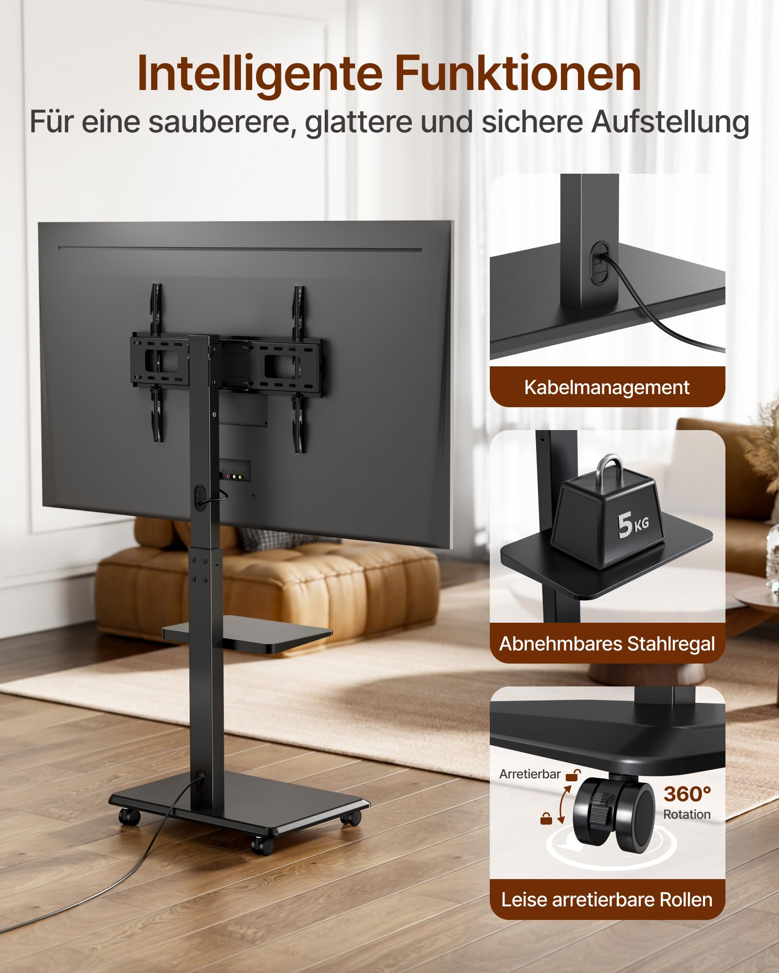 TV Ständer Rollbar aus Stahl für 37-75 Zoll Fernseher bis zu 50kg, Schwenkbar Fernsehständer Höhenverstellbarer mit Ablage, TV Bodenständer mit Versteckter Kabelverwaltung, VESA 600 x 400mm