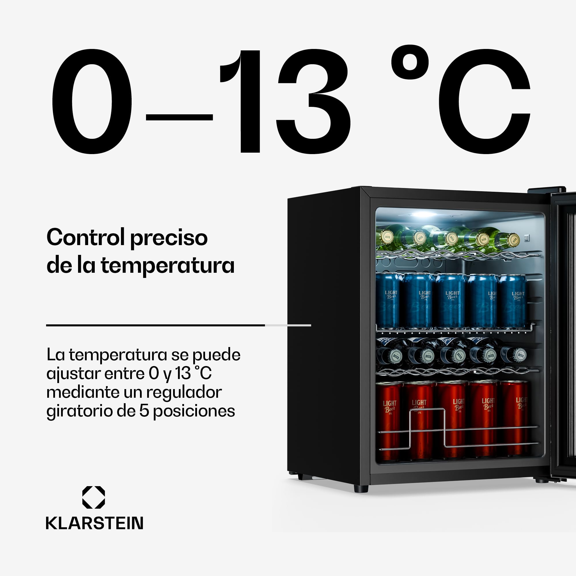KLARSTEIN Beersafe 60 L Mini Nevera con Puerta de Cristal – Nevera para Bebidas, Plata | luz LED, estantes metálicos extraíbles, silenciosa, nevera para cerveza y bebidas, latas y botellas