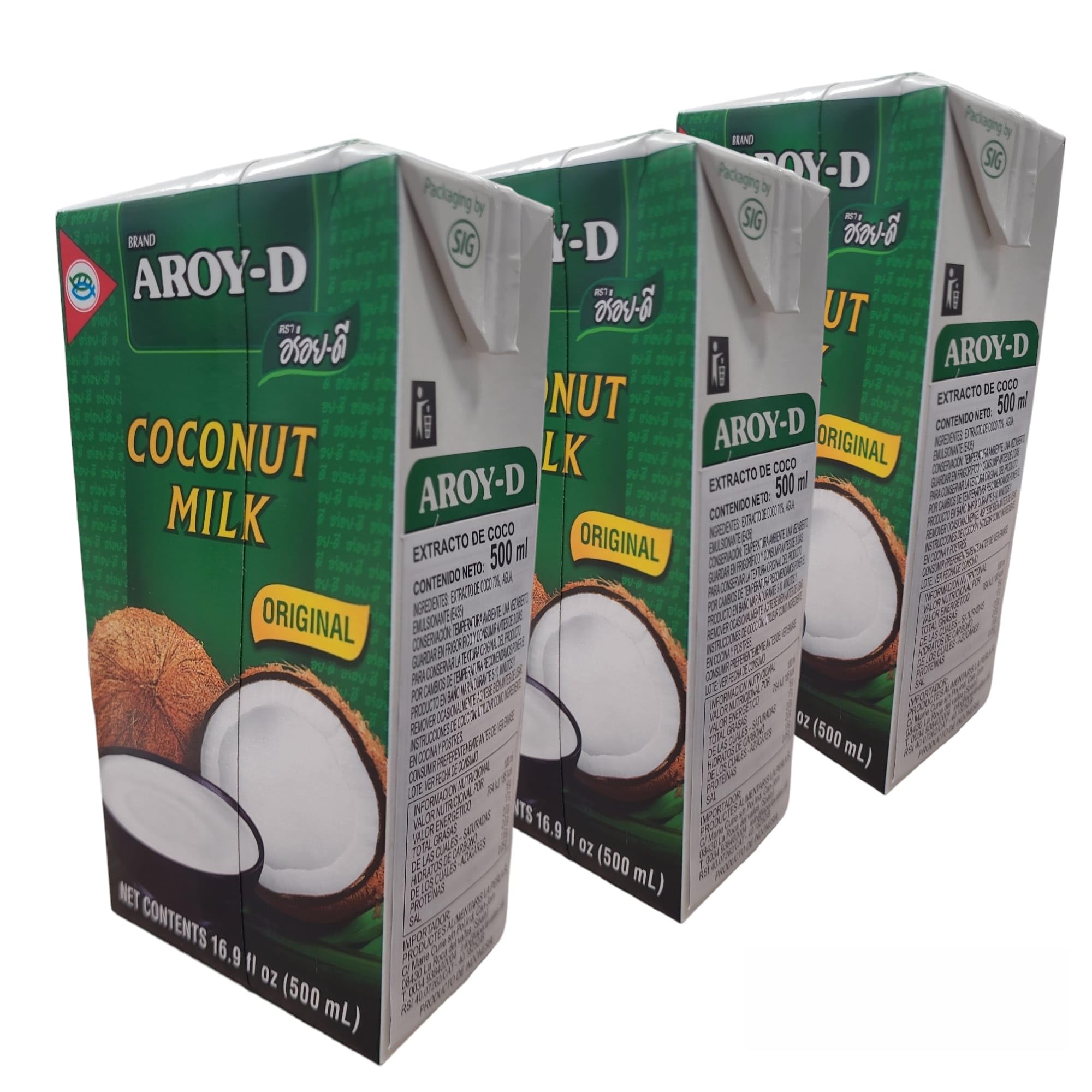 Aroy-D Leche de Coco 500ml Tetrapack Pack de 3