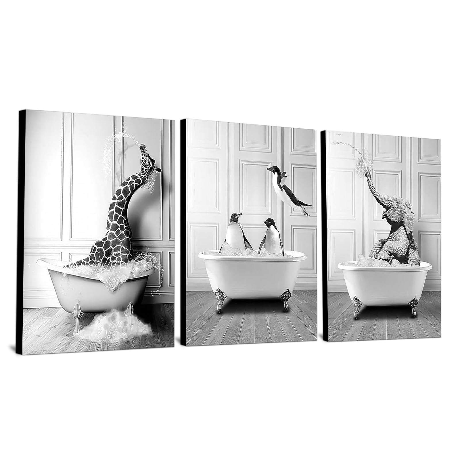 WADBTP Cuadros de baño, imagen en blanco y negro, imágenes divertidas de animales en la bañera para sala de estar, baño, dormitorio, decoración, sin marco, (3 unidades, DW2, 3 unidades, 20 x 30 cm)