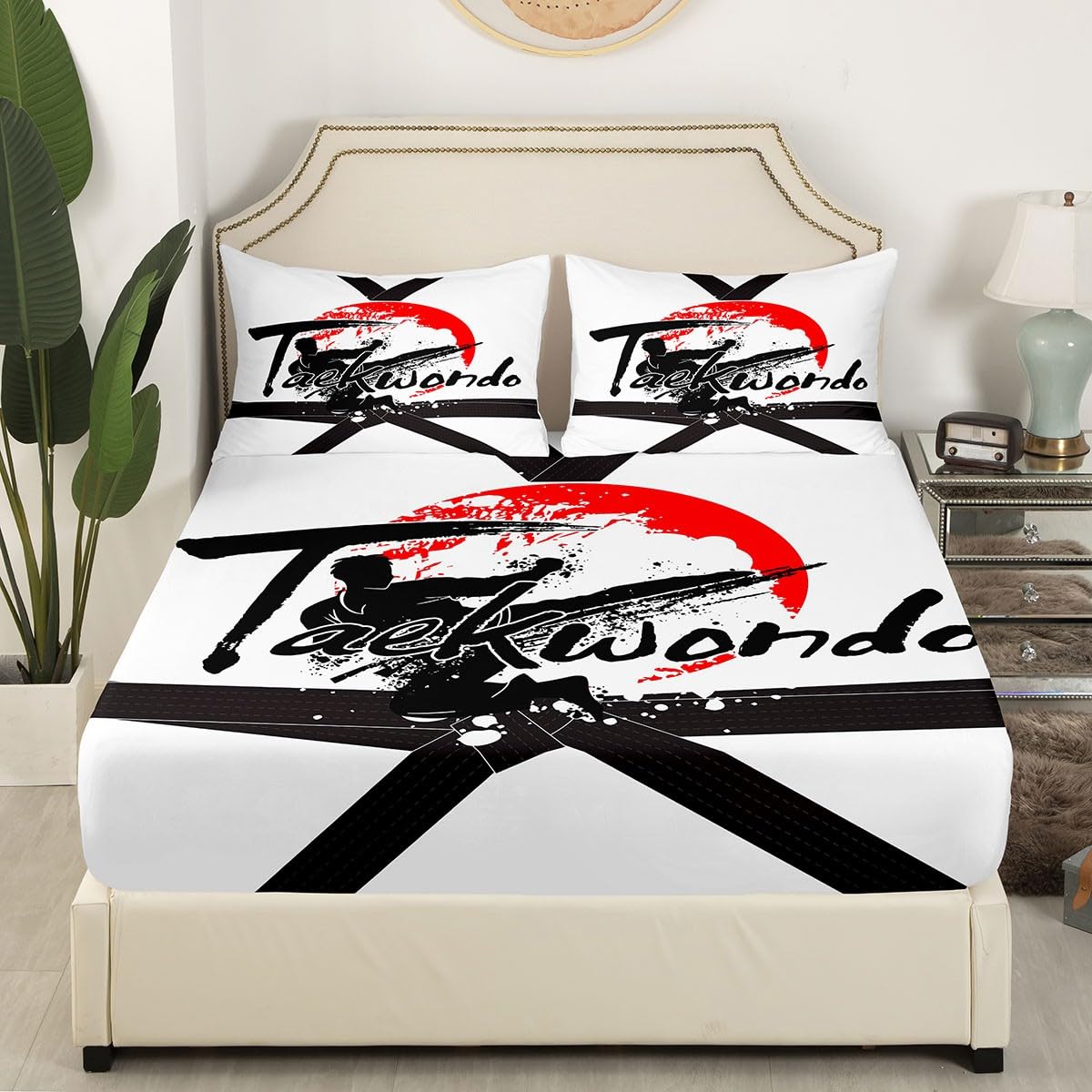 Taekwondo Kids Fitted Sheet Single Size, Sports Theme Bed Cover with 1 Pillowcase - Image 3