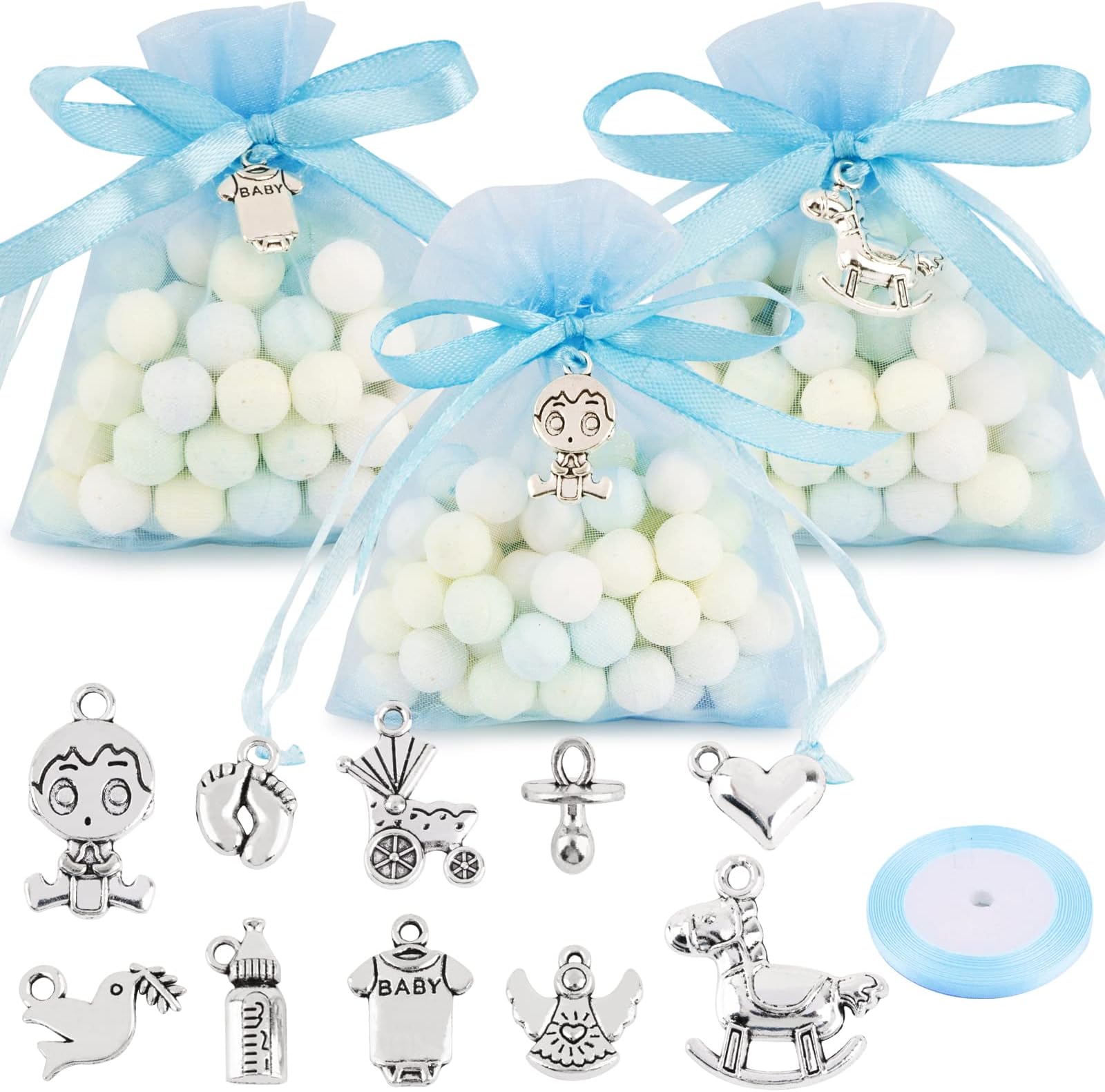 GEBETTER 50 Pcs Baby Shower Boys Guests Gifts Baby Shower Charms Blue Organza Bags Blue Ribbon Roll Baby Shower Favours Ideas Presents Christening Party Supplies Set