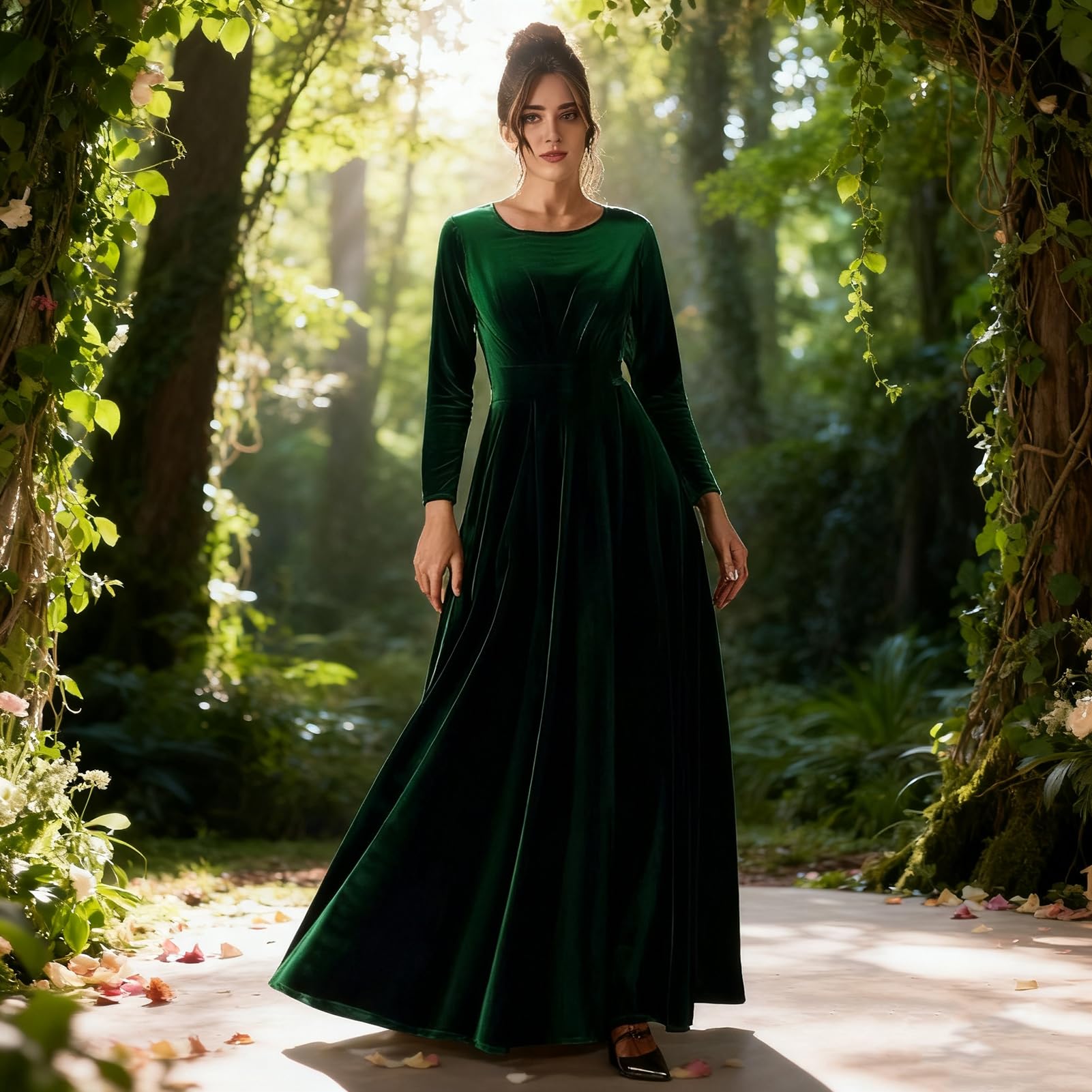 Damen Samt Maxikleid Casual Rundhals Langarm A-Linie Swing Kleid Elegant Herbst Formale Kleidung Groß für Cocktail Party Formelle Veranstaltungen