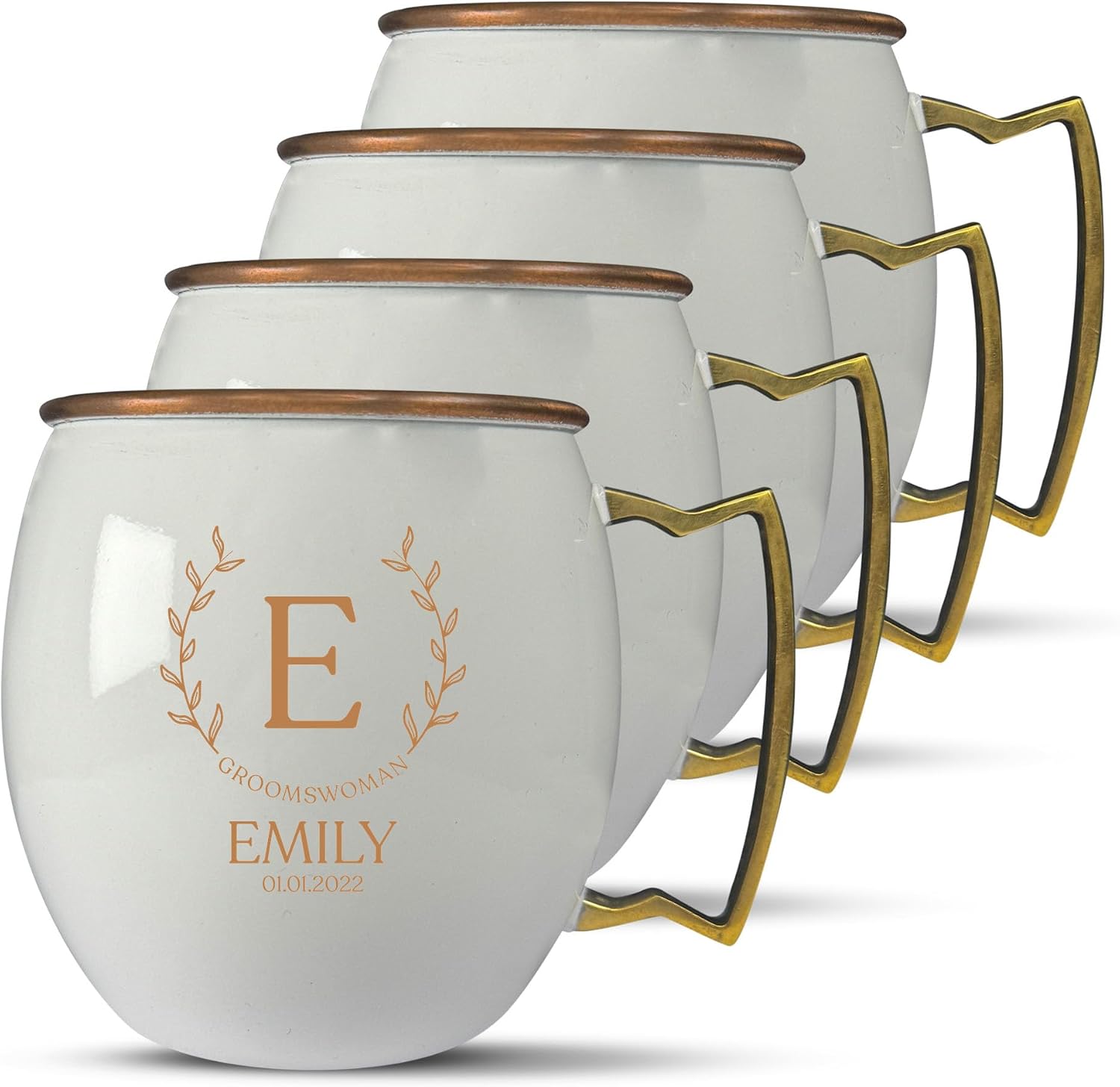 Custom 100% Copper Moscow Mule with Hammered Painted Finish - Engraved Bar Style Cup with Personalized Groomswomen Monogram Leaves Arch Wedding Themed Engraving, Brass Handle | 18 oz, Pink