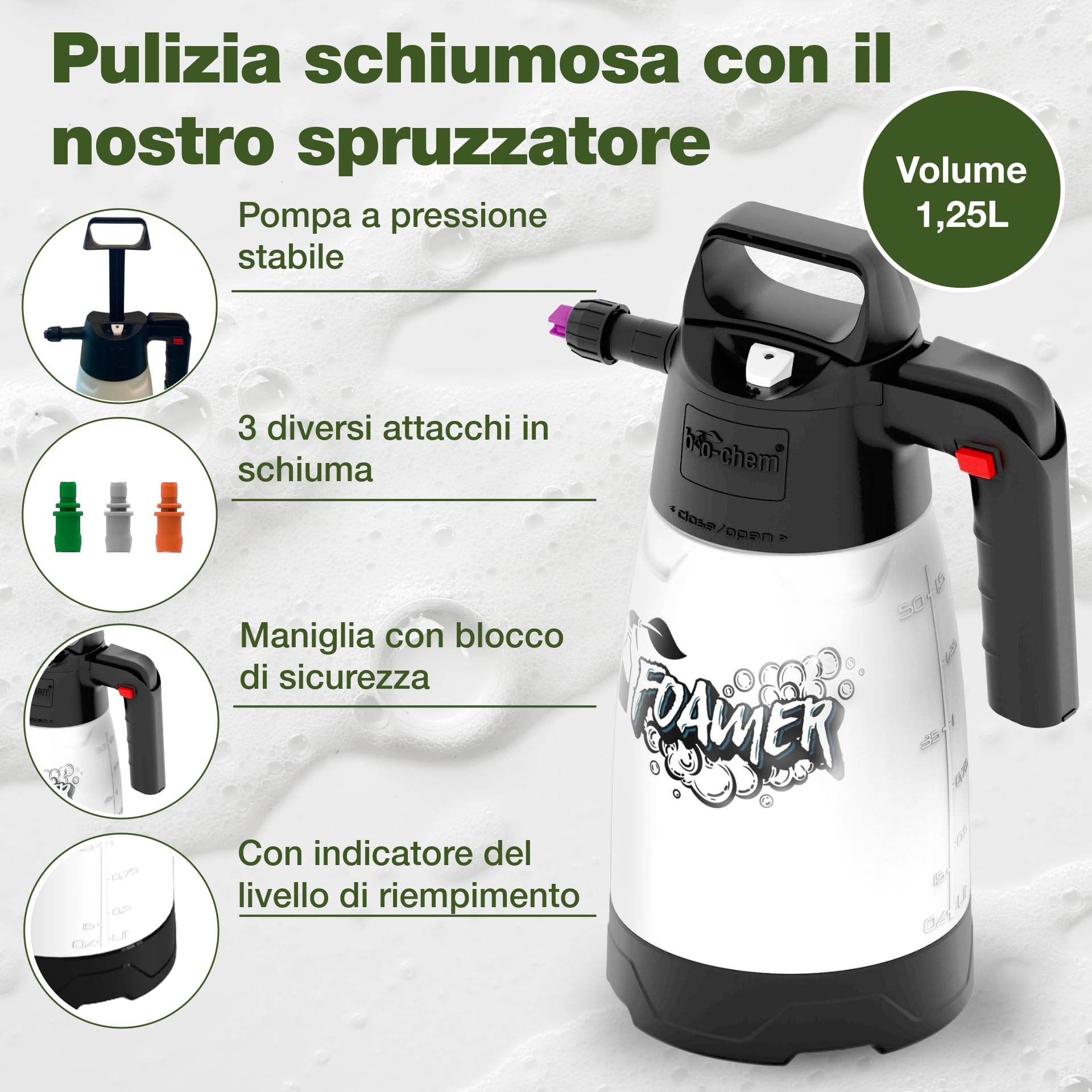 bio-chem - Prodotto per la Pulizia di roulotte e Camper 1L + spruzzatore di Schiuma 1,5L - Detergente per Caravan, Tende da Sole - Manutenzione dei Veicoli da Campeggio