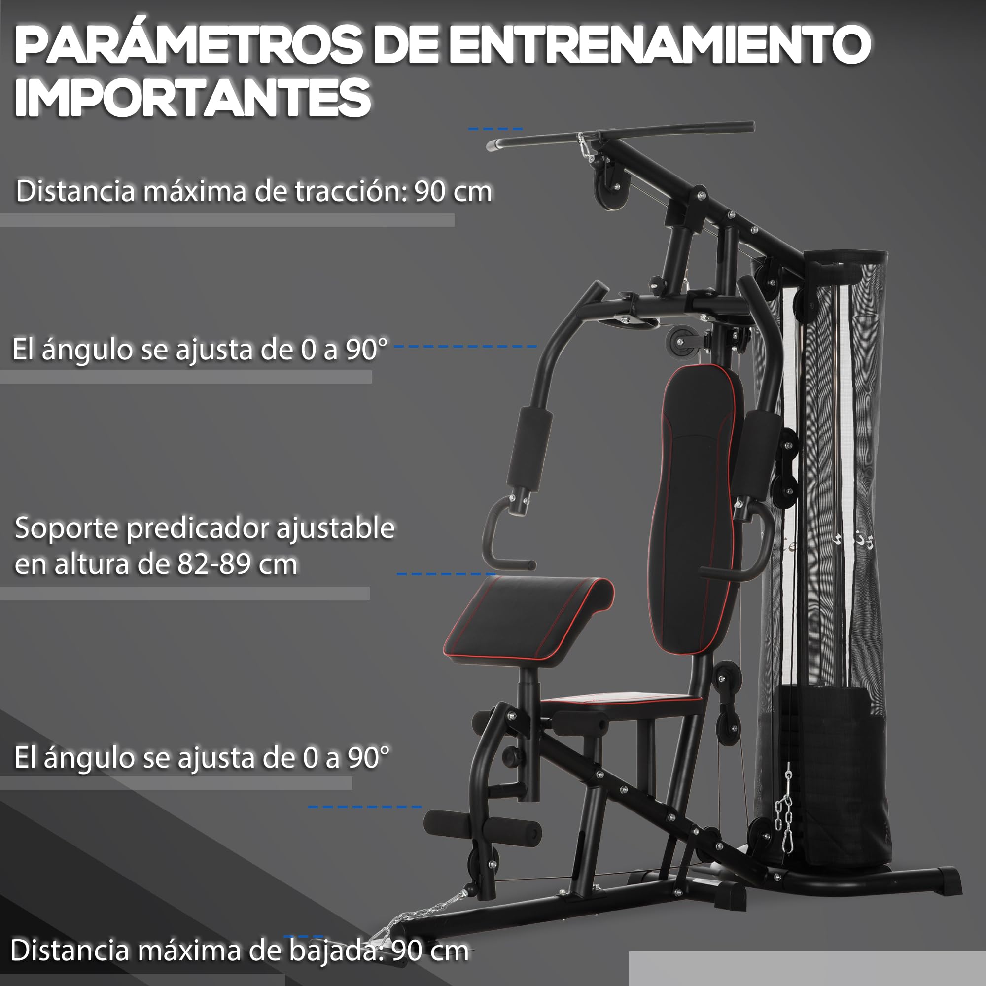 HOMCOM Multiestación Musculación Máquina de Musculación con Placas de Peso de 45 kg Polea y Prensa de Piernas y Pecho Carga 150 kg para Gimnasio Entrenamiento en Hagar Negro