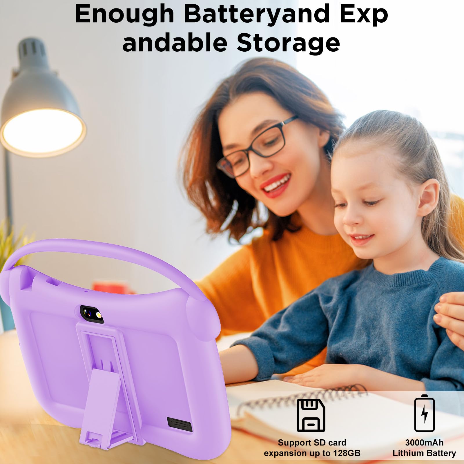 ascrecem Tablet para Niños 7 Pulgadas Android Tablet Infantil con WiFi Doble Cámara Bluetooth Control Parental 2GB RAM 32GB ROM Tableta Educativa 3 a 14 año (Morado)