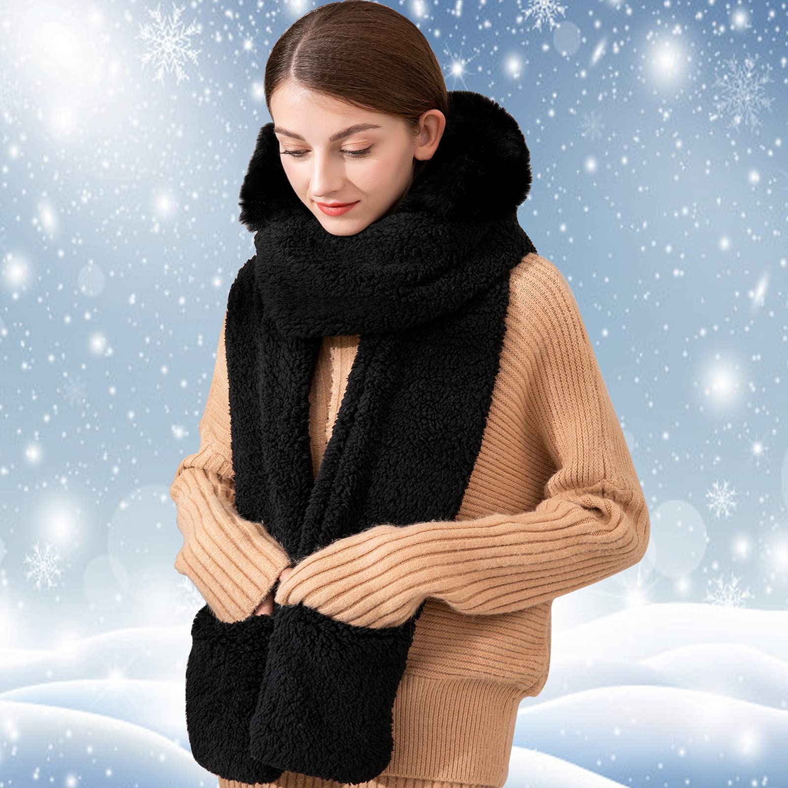 keyaway Invernali Sciarpe Cappello Guanti Donna, 3 In 1 Caldo Sciarpa con Cappuccio Tasche Earflap,Guanti caldi del cappello per donne (nero)…