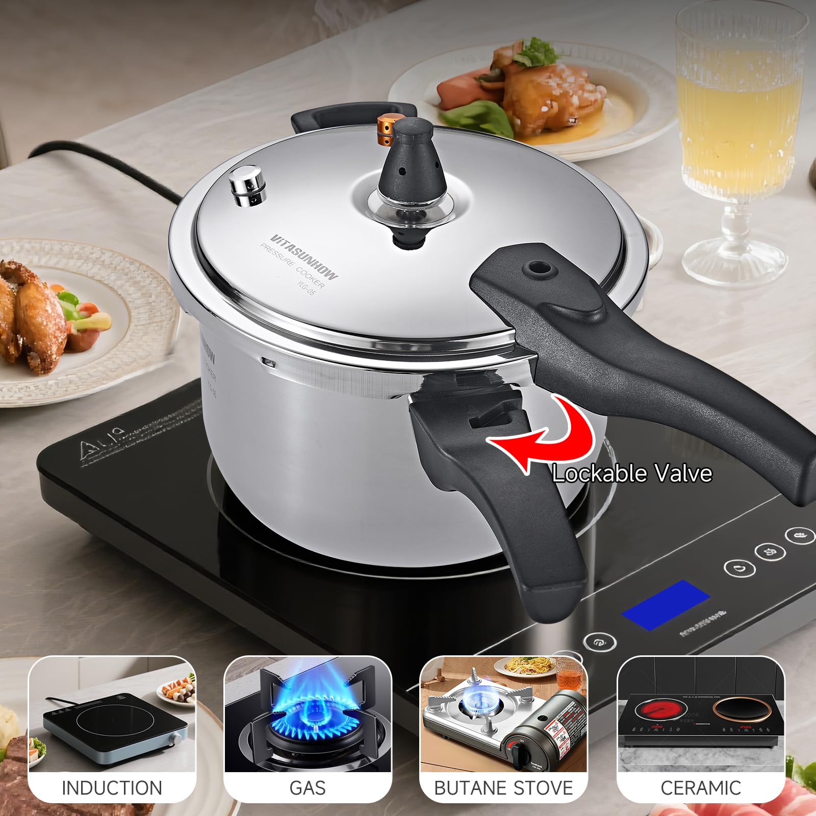 Olla a presión de acero inoxidable, compatible con inducción, garantiza una distribución uniforme del calor, ideal para cocinar a presión o cocinar al vapor (7 litros)
