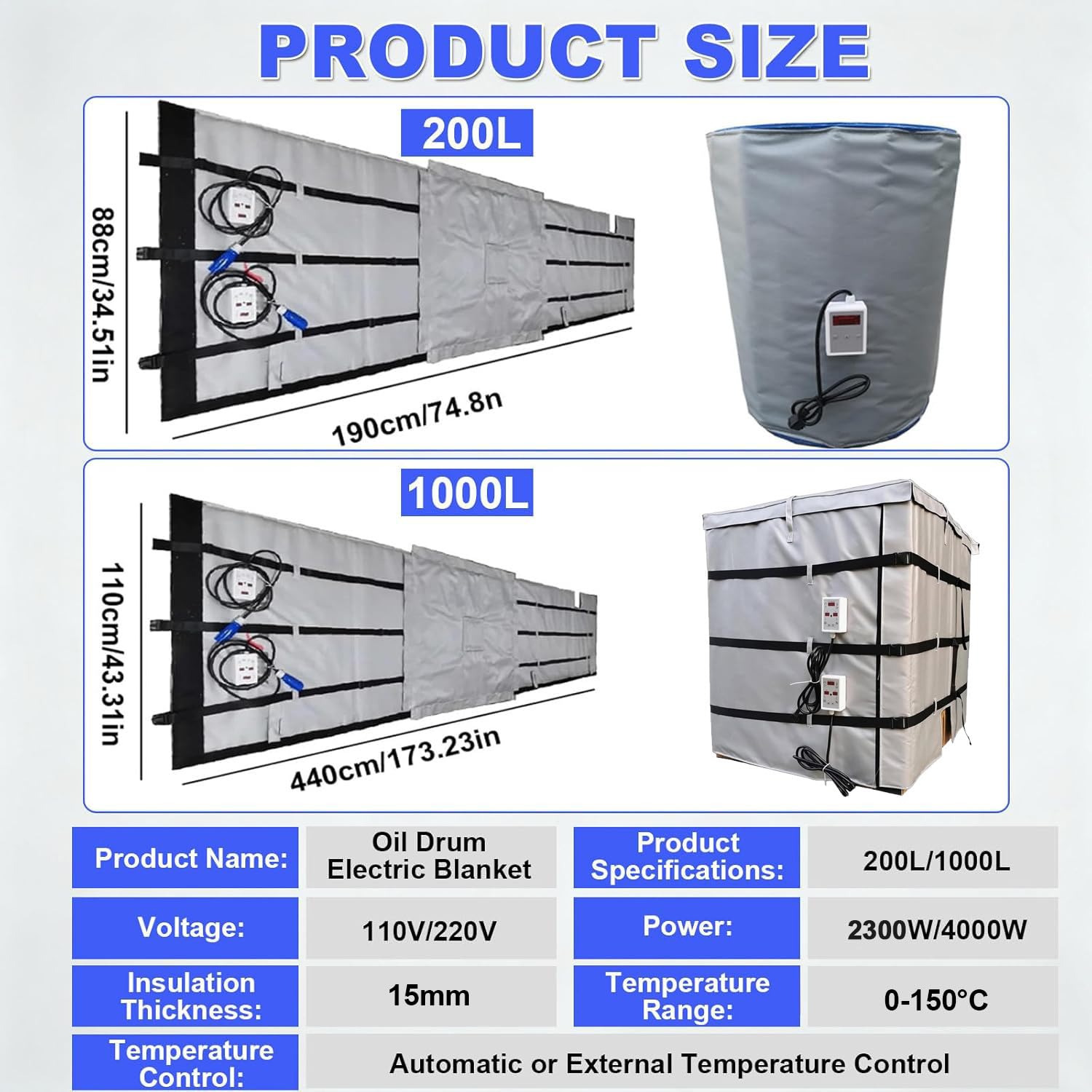 IBC-Container-Frostschutz, 55-Gallonen-/275-Gallonen-IBC-Fassheizung mit Temperaturregler (0–150 °C) und wasserdichter Heizdecke Black-55Gallon/200L