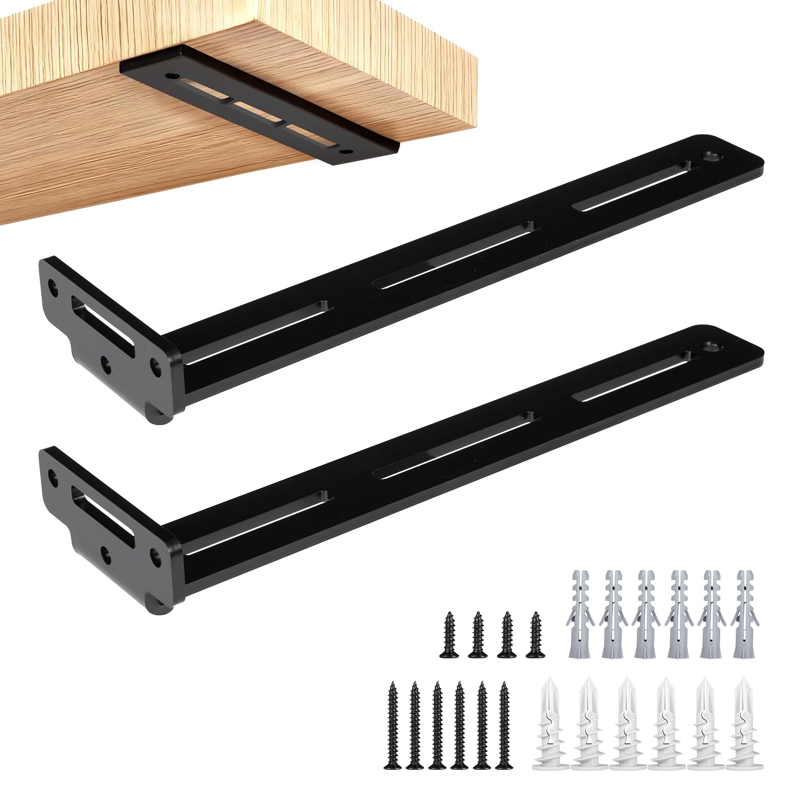 Floating Shelf Brackets - Heavy Duty Shelf Brackets for Shelves, Black Coated Metal Wall Shelf Support Brackets, for Shelves up to 30 KG (25 CM, Count, 2)