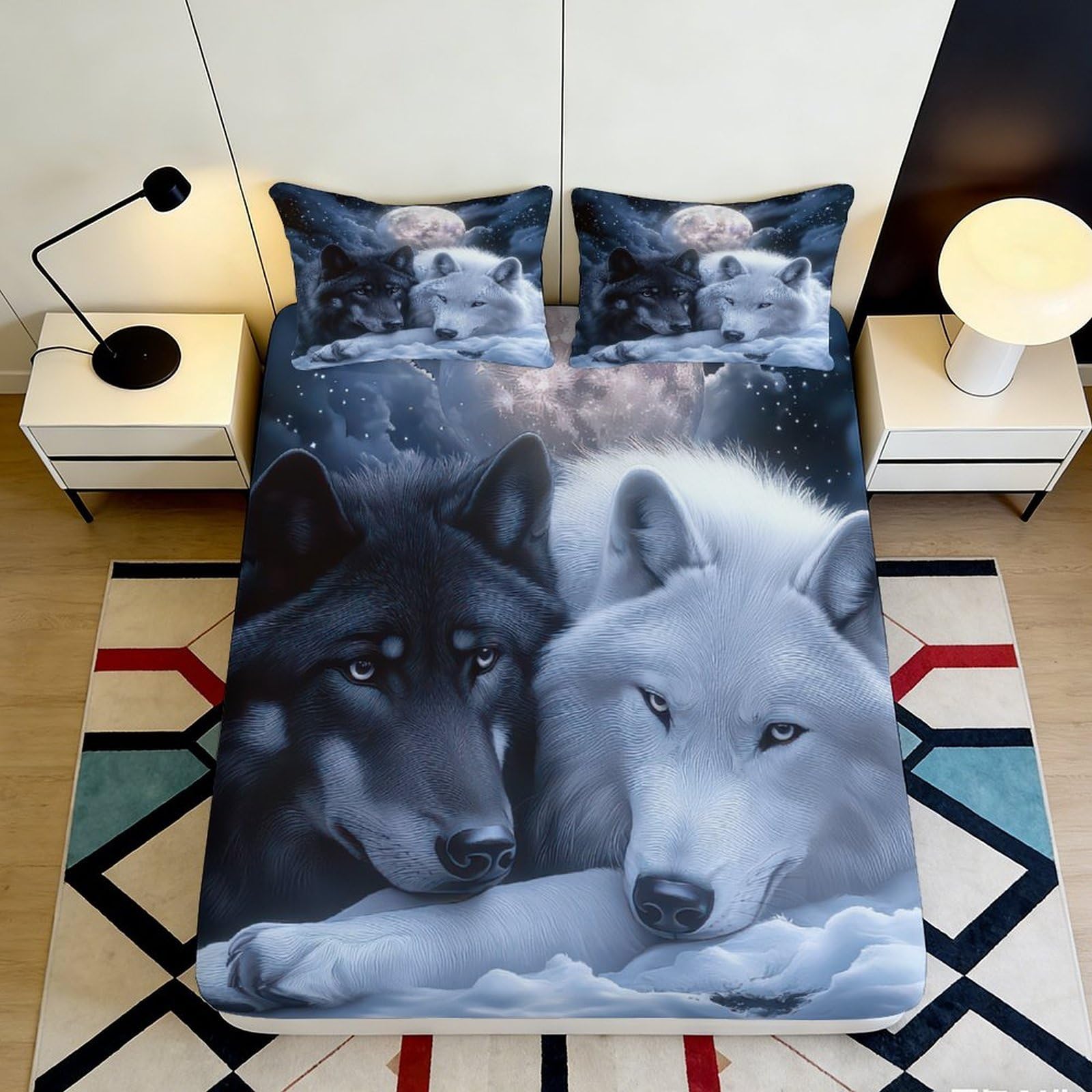 3D Printed Wolf Moon Fitted Sheet Microfiber Anti-Slip Animal Night Sky Mattress Cover for Bedroom Dorm Decorative 200x200x25cm