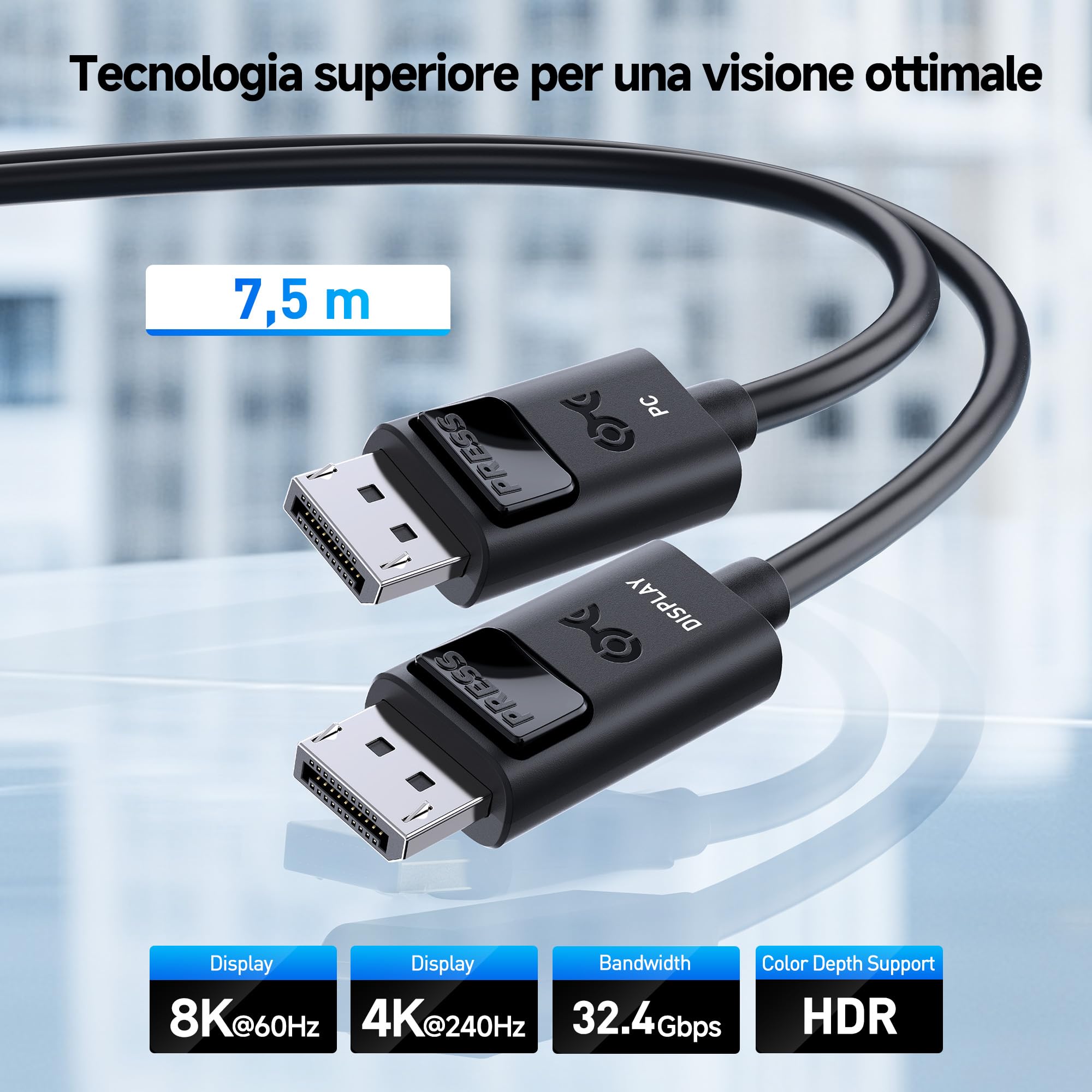 Cable Matters Cavo DisplayPort attivo unidirezionale video e HDR, 7,5 m | 8K@60Hz, 4K@144Hz, HDR, Monitor gaming, PC, GPU RTX/RX e cavo DisplayPort per monitor