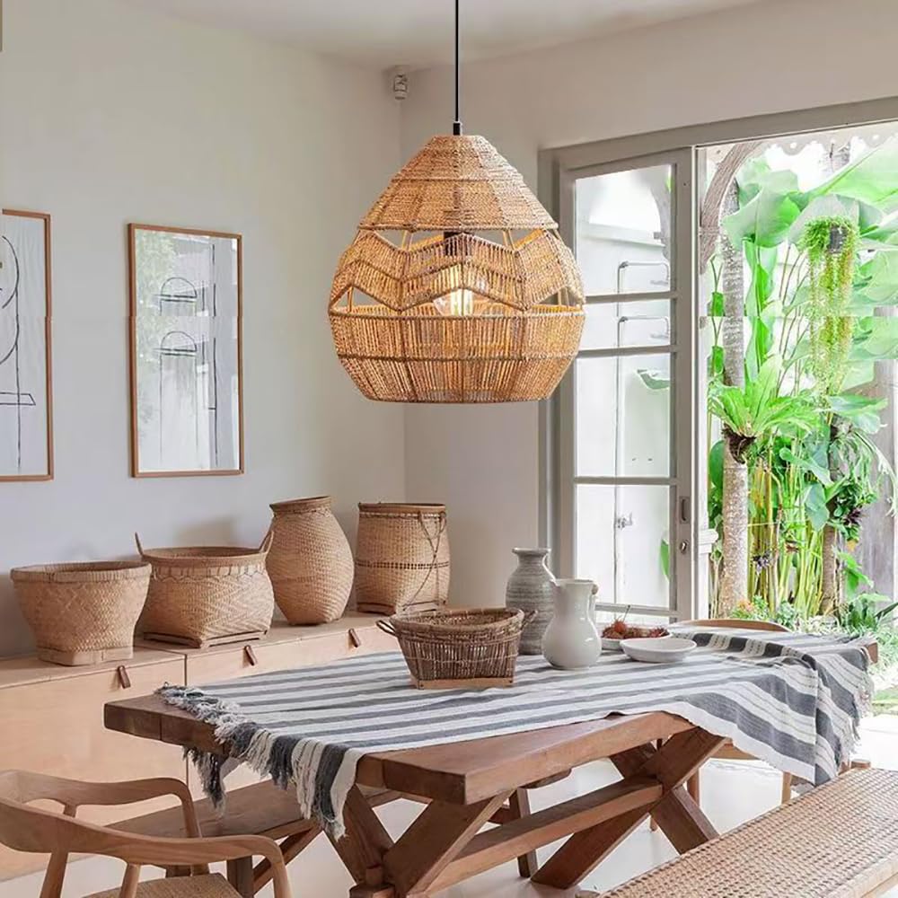 XQIDIANAA Farmhouse Paper Rope Chandelier Light Fixtures Hand Woven Rattan Pendant Light for Boho and Coastal Decor, Rustic Chandeliers for Dining Room、Kitchen Island