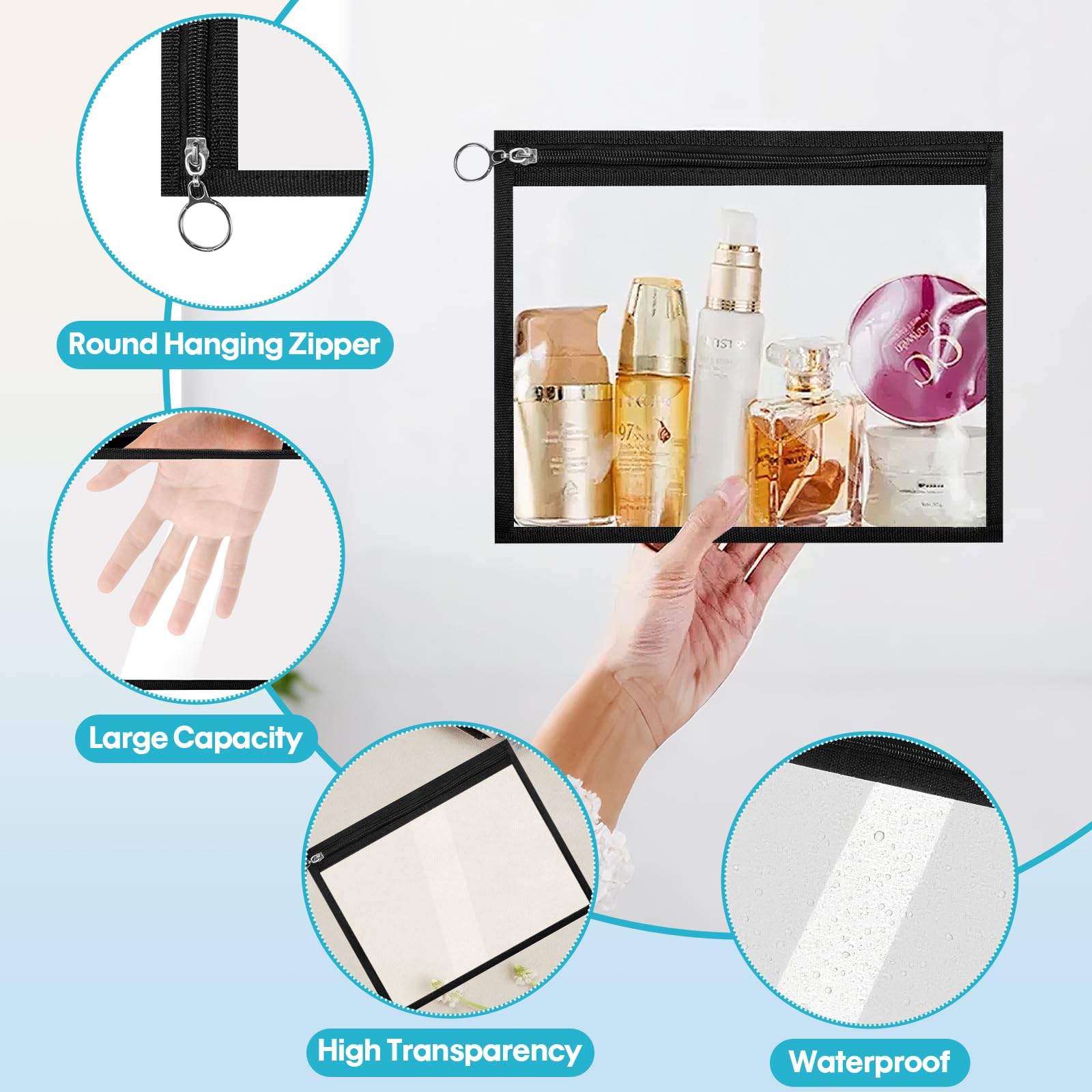 Pochettes transparentes à fermeture éclair pour organiser | Enveloppes de maquillage en PVC durable pour le rangement de documents, les voyages et les fournitures scolaires (3 tailles)