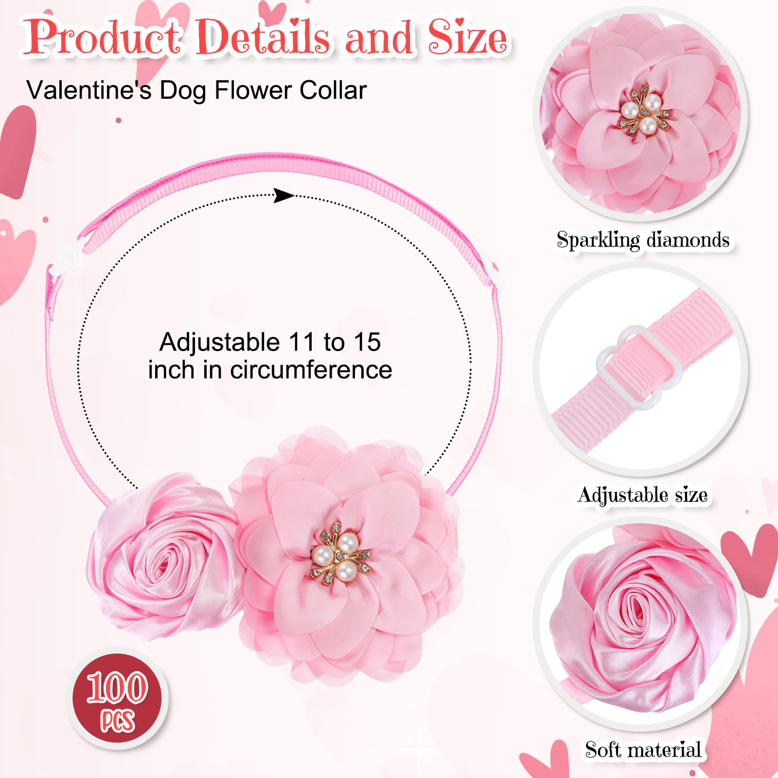 Abbylike 100 Stück Valentinstags-Hundehalsband, Blumen, Schleifen, Hundepflege-Halsband, verstellbar, Haustier-Fliege, Katzen-Hundehalsband, Befestigung mit Blume für Valentinstag, Hochzeit,