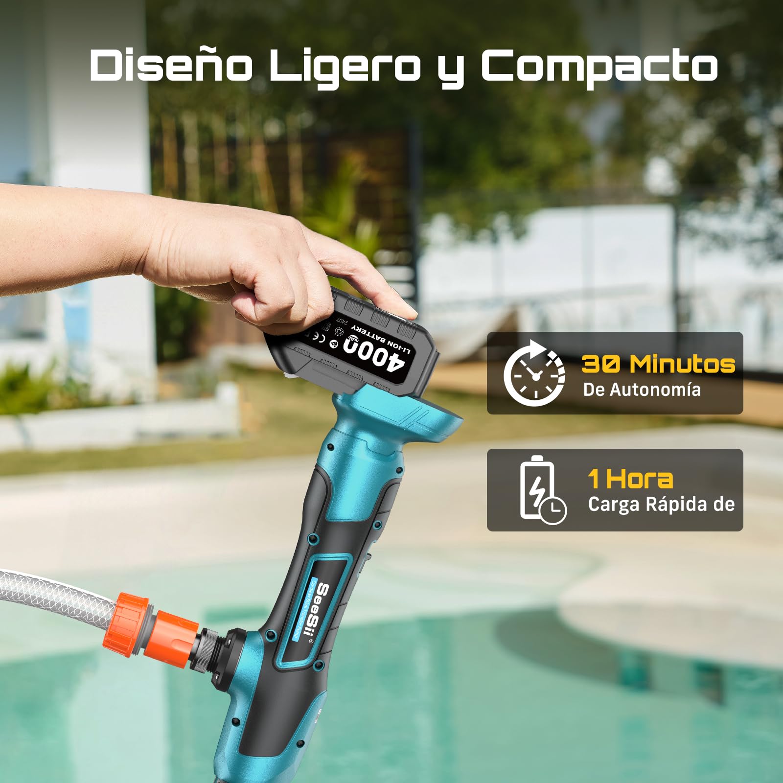 SEESII Bomba de agua inalámbrica en bastón, batería 4000 mAh 21V, 720 GPH, elevación 32 pies, salida 3/4". Ideal para drenaje de piscinas, jardines, estanques, RV y barcos. Ligera y portátil