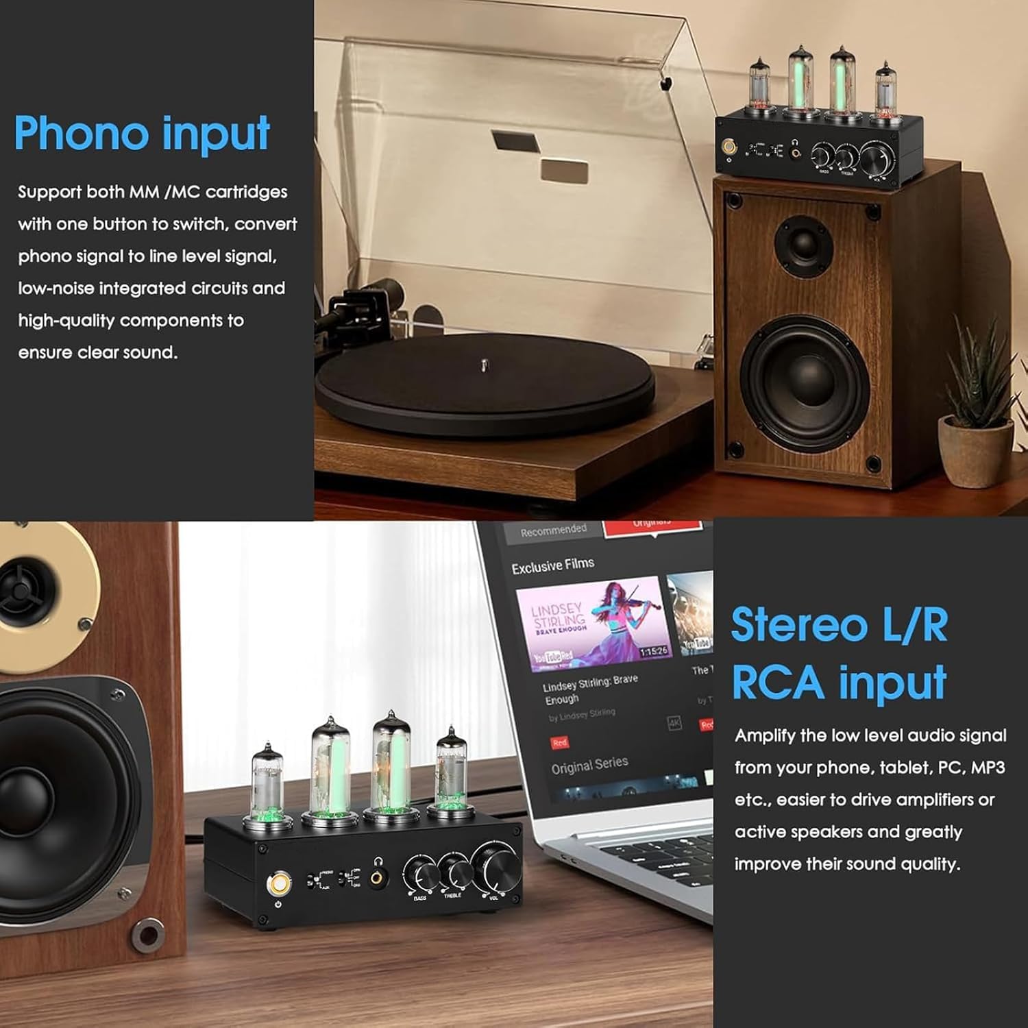 Phono Preamplificador de tubo de vacío con control de ganancia y perilla de volumen, reproductor de discos MM, RCA estéreo/3,5 mm para sistema de audio doméstico