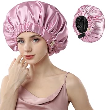 Years Calm Silk Bonnet for Sleeping Women, Double Layer Satin, Ajustable Elasticity Band, Hair Satin Bonnet for Sleeping - Sleep Shower Caps Pink, One Size
