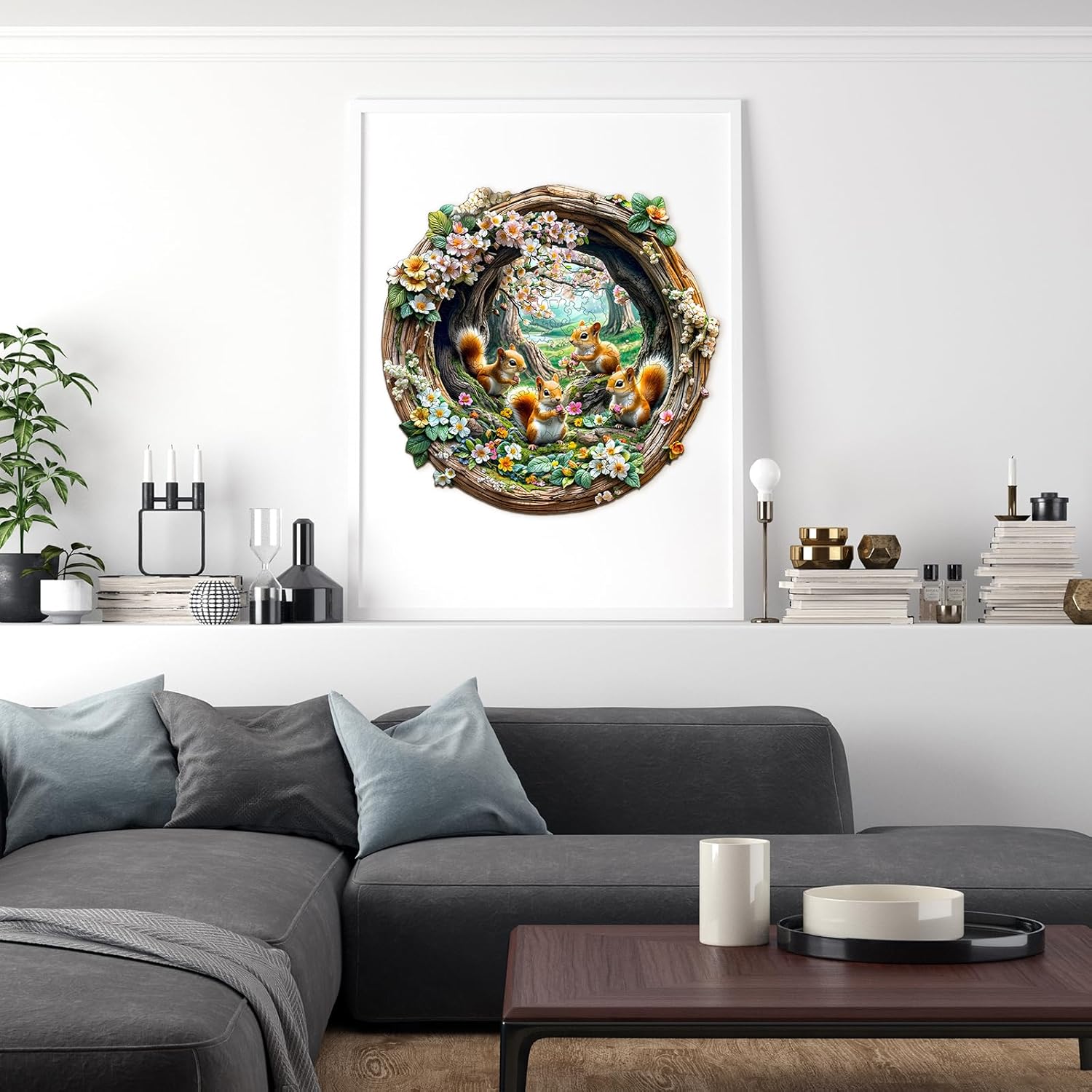 Wooden Puzzles for Adults, 3D Vision Effect-3D Spring Squirrel Wood Puzzles Adult, Unique Shaped Wooden Jigsaw Puzzle, Creative Gifts for Friends/Family/Puzzle Lovers, Home Decor(L-13.4 * 13in 300pcs)