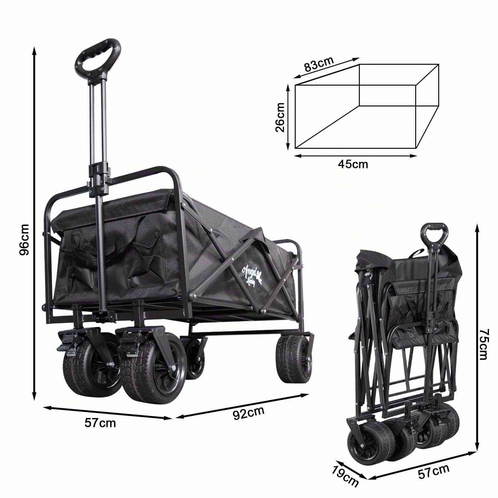 Angel Living Chariot de Transport Pliable, 300L Grande Capacité, 150kg Charge Statique, Chariot de Camping Tout Terrain avec Poignée Réglable, pour Jardin, Plage, Festival, Courses, Pique-Nique, Noir
