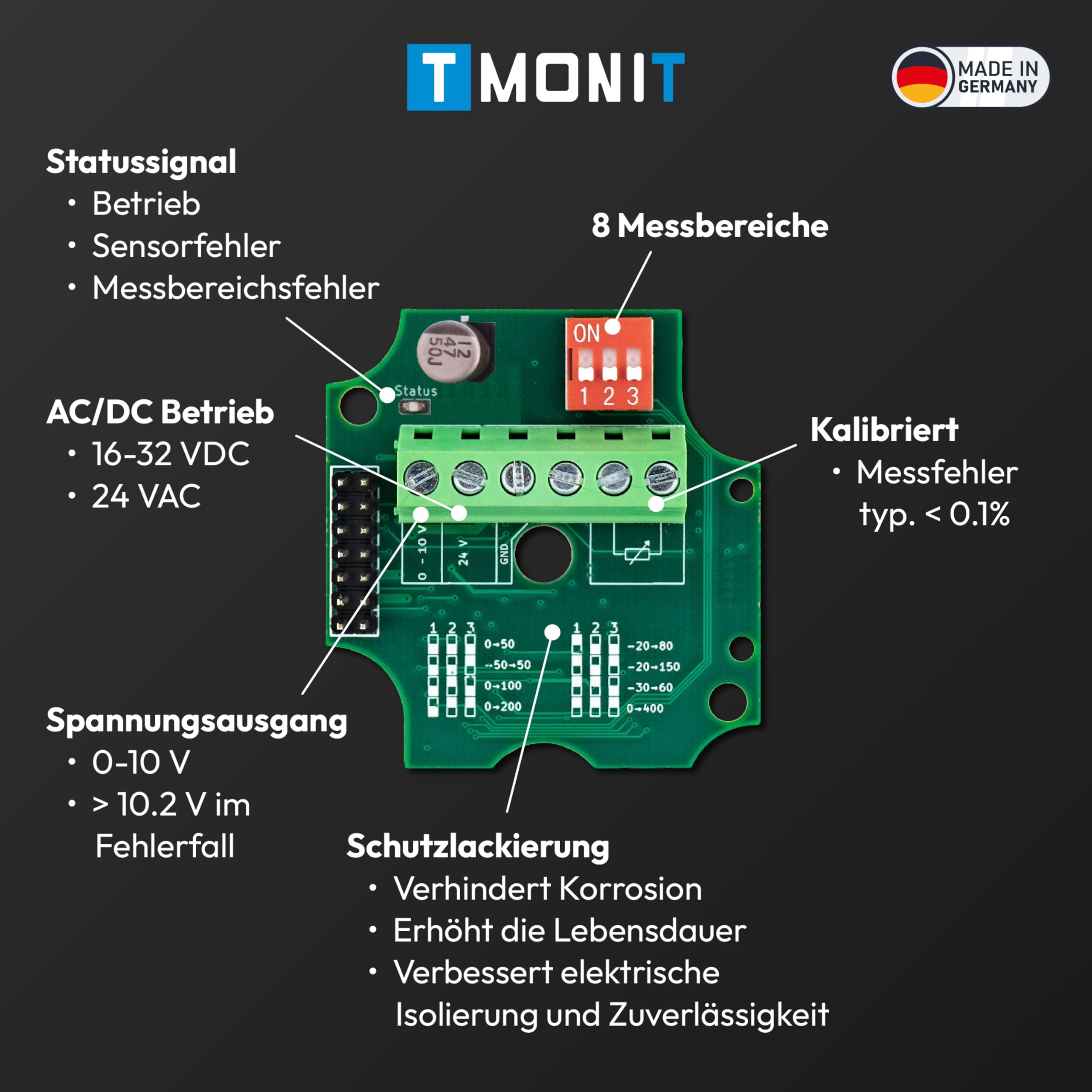 PT1000 Temperaturfühler, 0-10V oder 4-20 mA Messumformer, -50 bis 200 °C, IP65 strahlwassergeschützt, Strom- oder Spannungsausgang, Silikon-Leitung - für HLK & Industrie