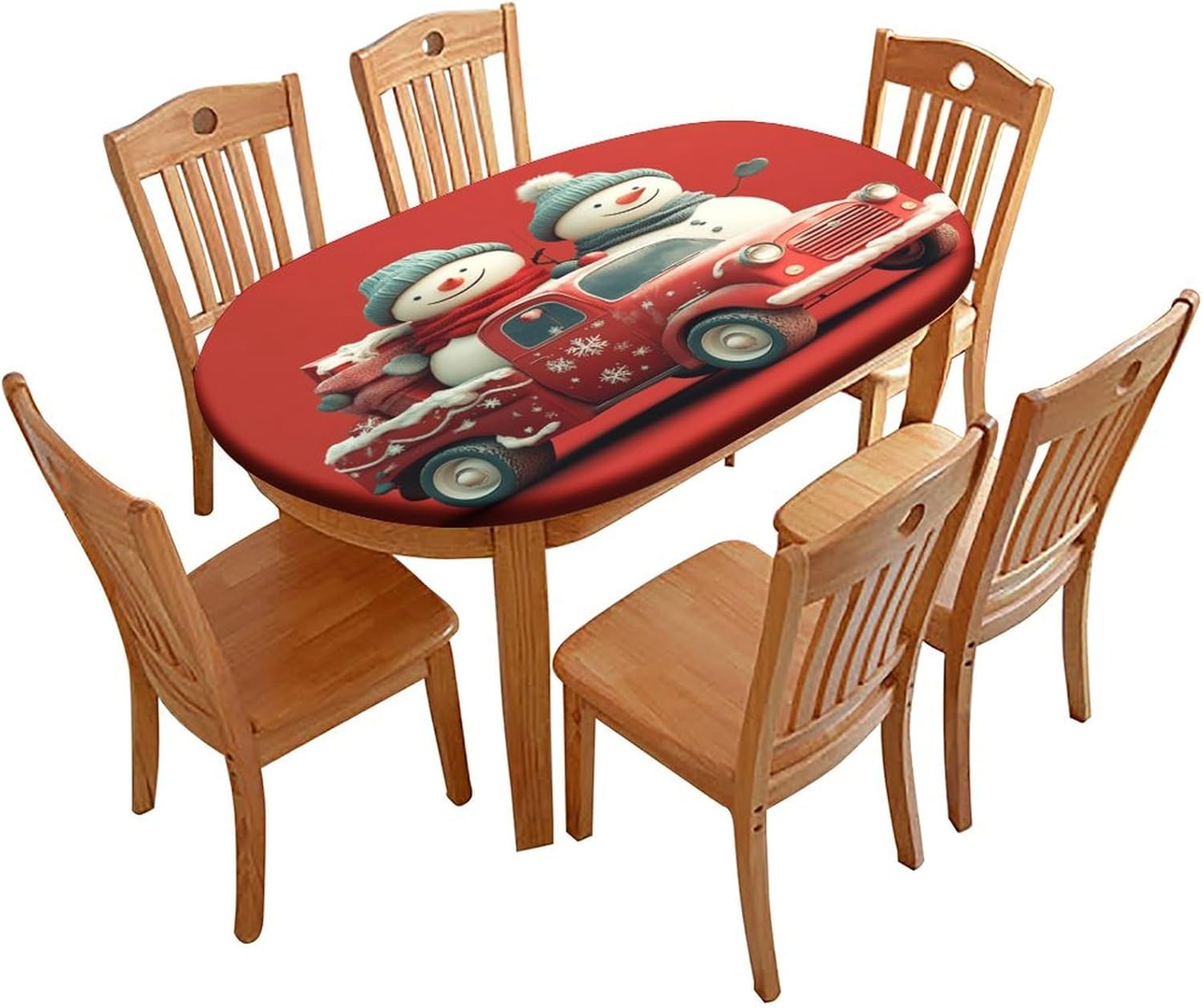 Tablecloth for Oval Table, Snowmen Pattern Printed on Elastic Table Covers, Perfect for Holiday Dinners Banquets Events & Everyday Use, Fits for 52" x 70" Oval Tables