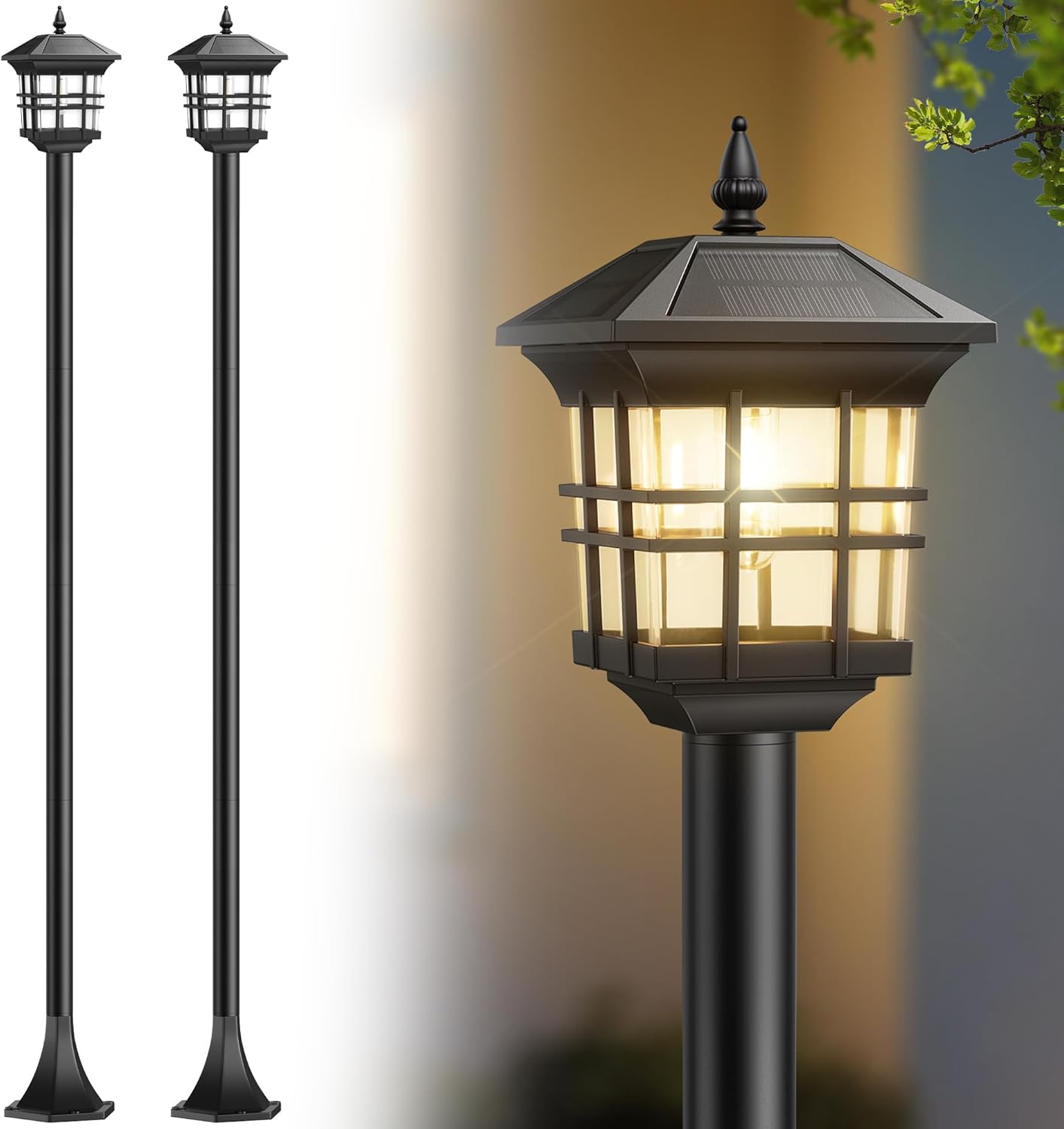 PARTPHONER 78" Solar Lamp Post Light Outdoor 2 Pack, Black Waterproof Post Solar Street Lights, Pole Light Decorative for Yard Garden Patio Lawn Driveway (Bulbs Included)