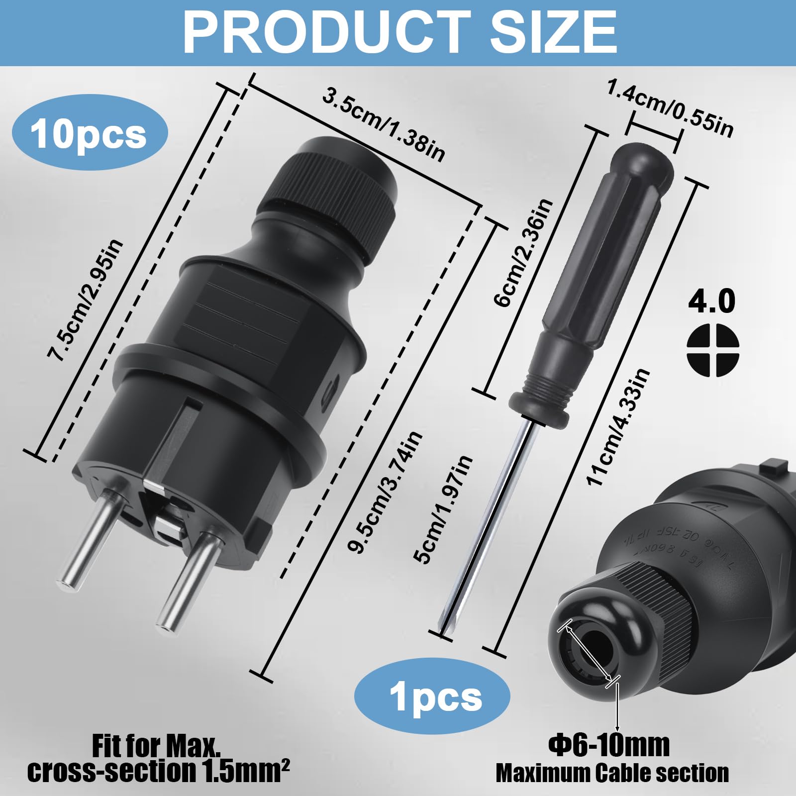 10Pcs Spina Schuko 250V(16A), Presa Schuko con Contatto di Protezione, Ritardante di Fiamma Ip44, per Cavo da 6 a 10 mm, Europa Spina per Cavi per Esterni con Cacciavite