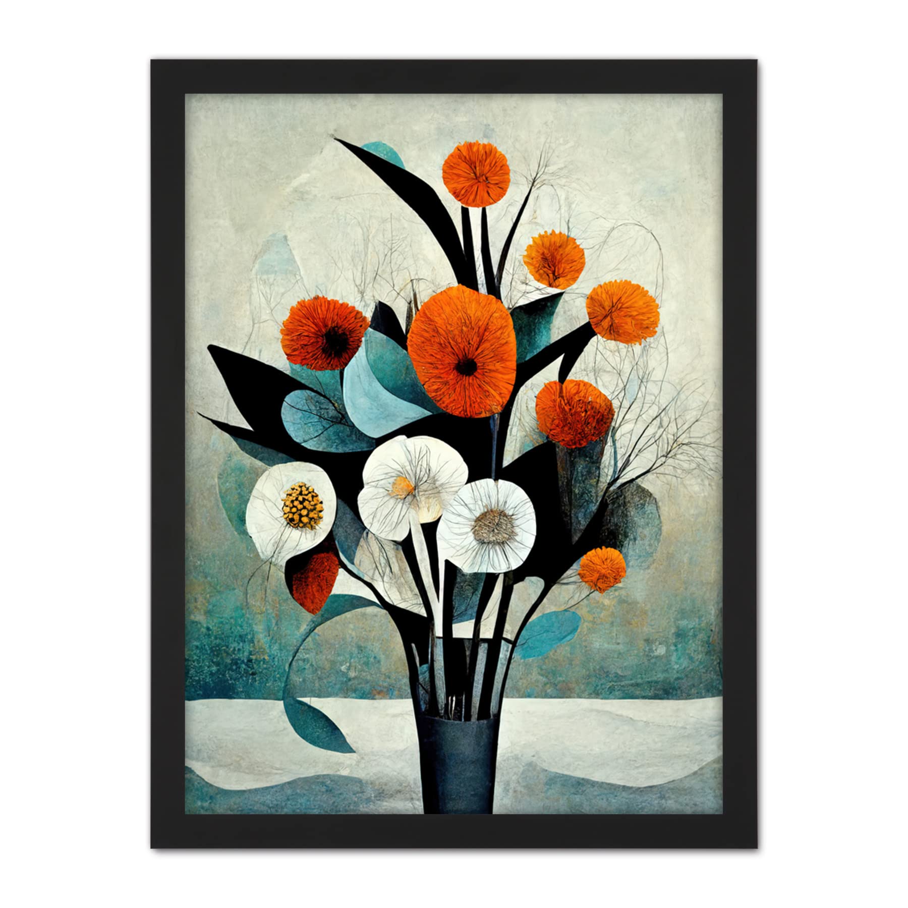 Doppelganger33 LTD Flowers Floral Display Bouquet Modern Abstract Teal Orange Artwork Framed Wall Art Print 18X24 Inch