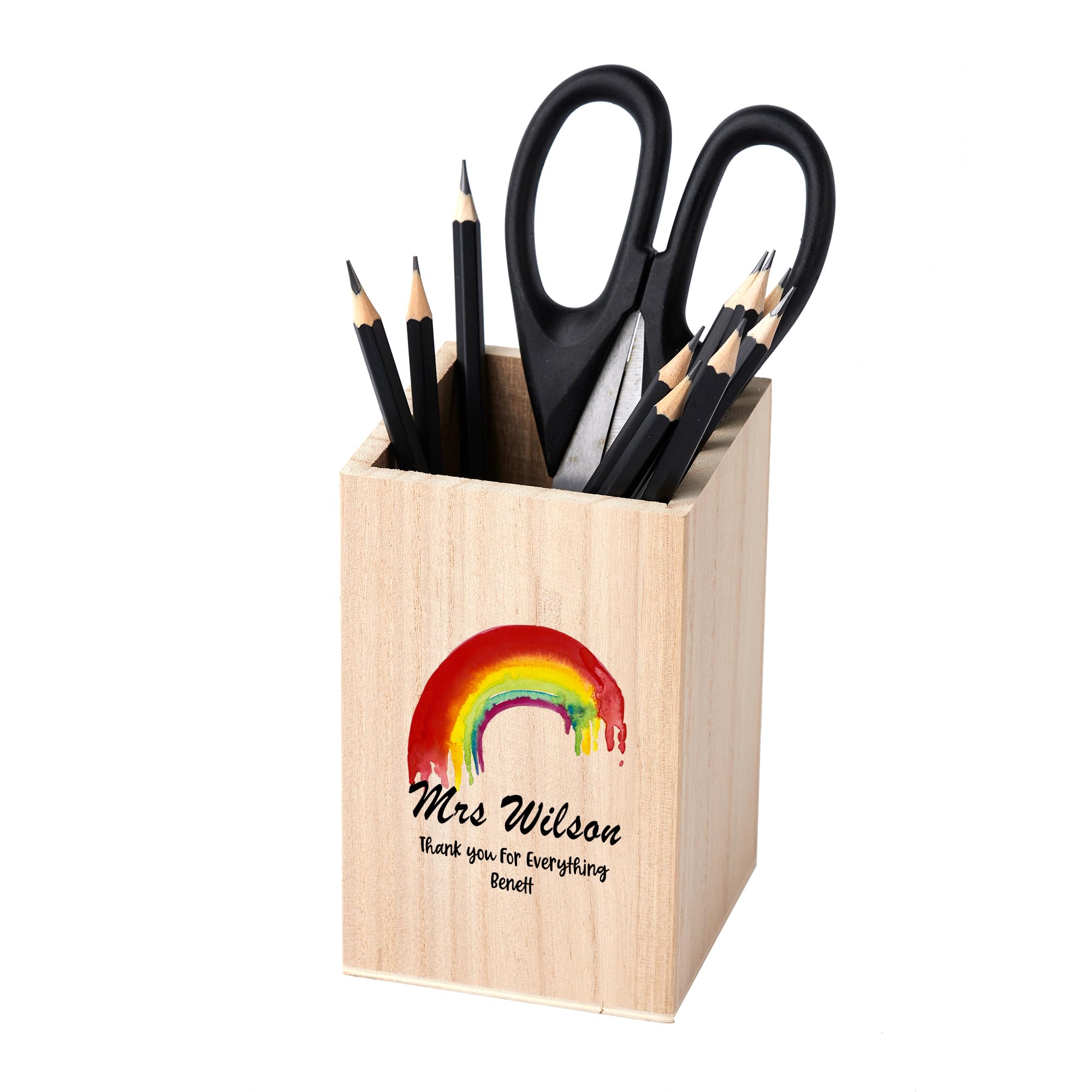 ukgiftstoreonline Teacher Pencil Holder Personalised Wooden Pen Pot Gift Watercolour Rainbow