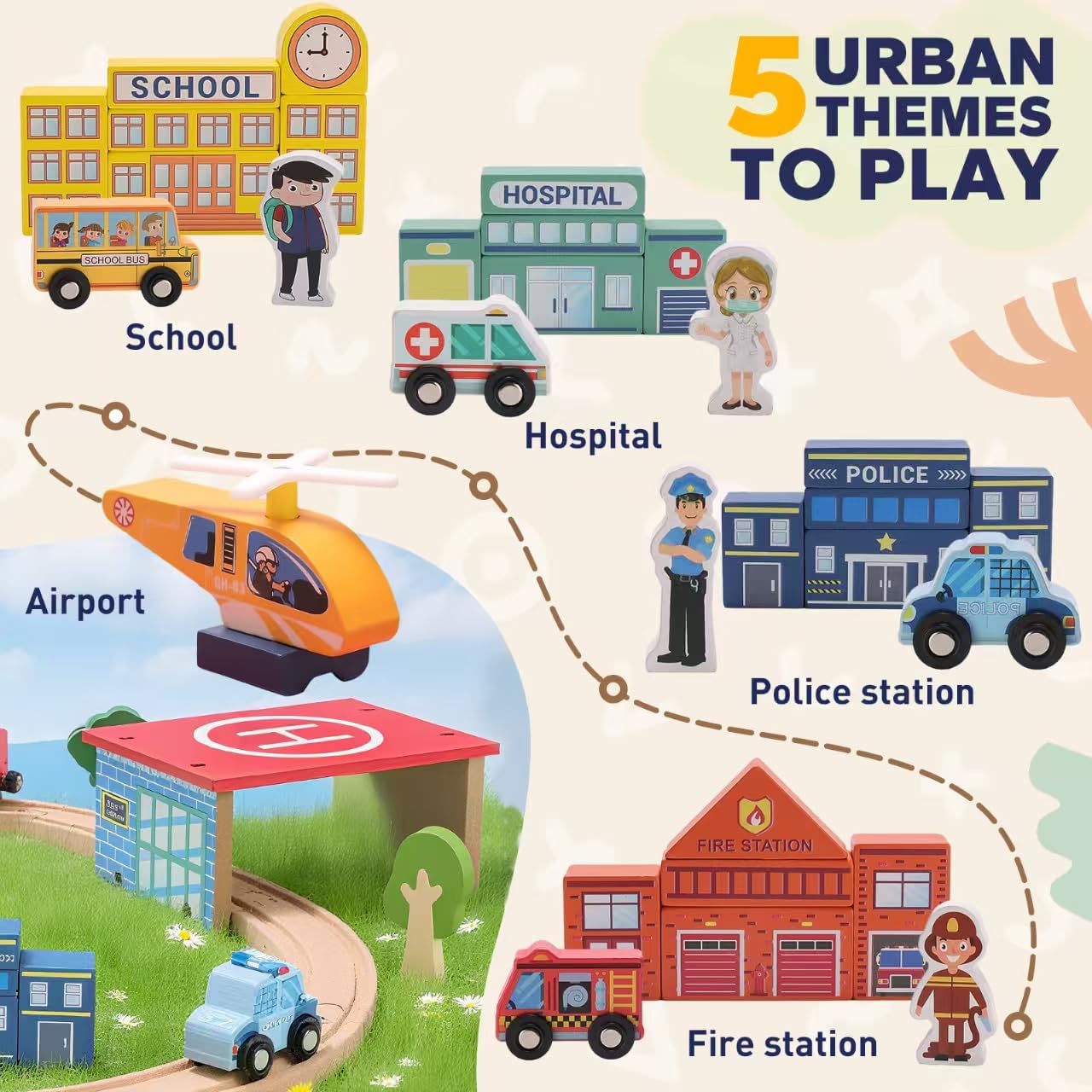 118PCS Wooden Train Set, City Railway Playset with Electric Train & Fishing Game, Compatible with Major Brands, Ideal Gift for Kids Ages 3-8 Boys Girls