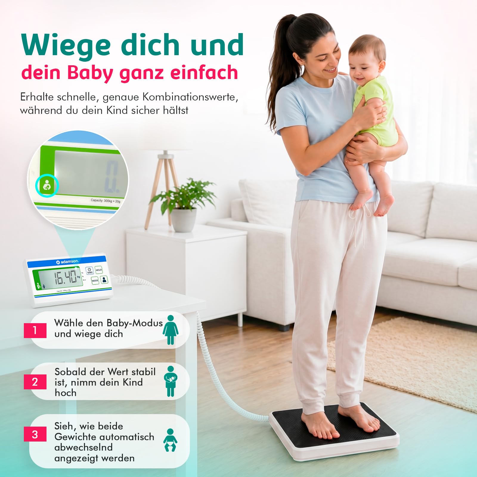 Medizinische Personenwaage Extra Breit 300 kg mit Hoher Präzision | Mit beleuchtetem Display in kg lb und oz, Schwarz