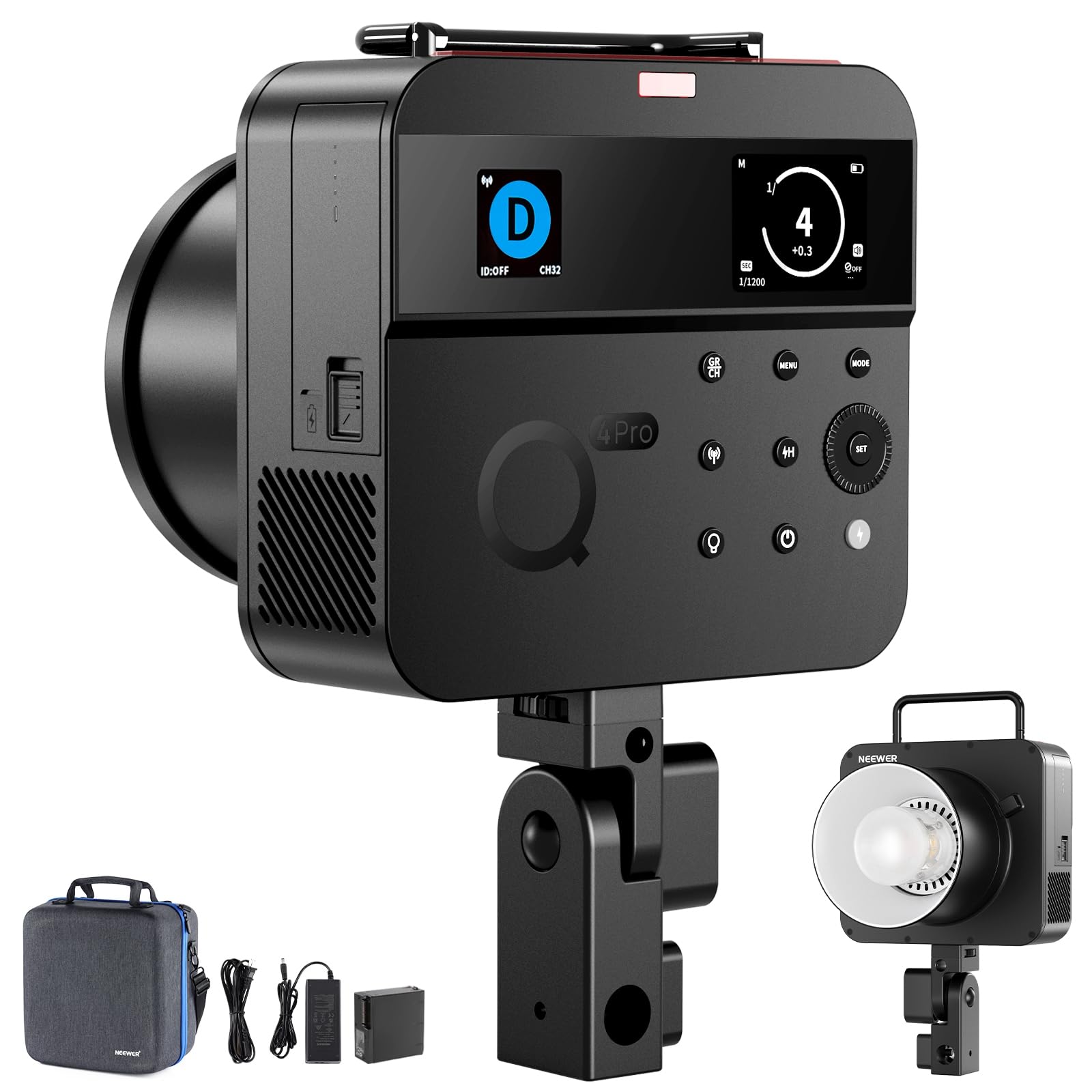 NEEWER Q4PRO 400Ws 2.4G TTL Outdoor Studio Flash Strobe, Compatible with Godox, APP Control Light, 1/8000 HSS 6000K 2800mAh Dual Screen Monolight Bowens Mount/0.01-1s Recycle/30W Modeling Lamp