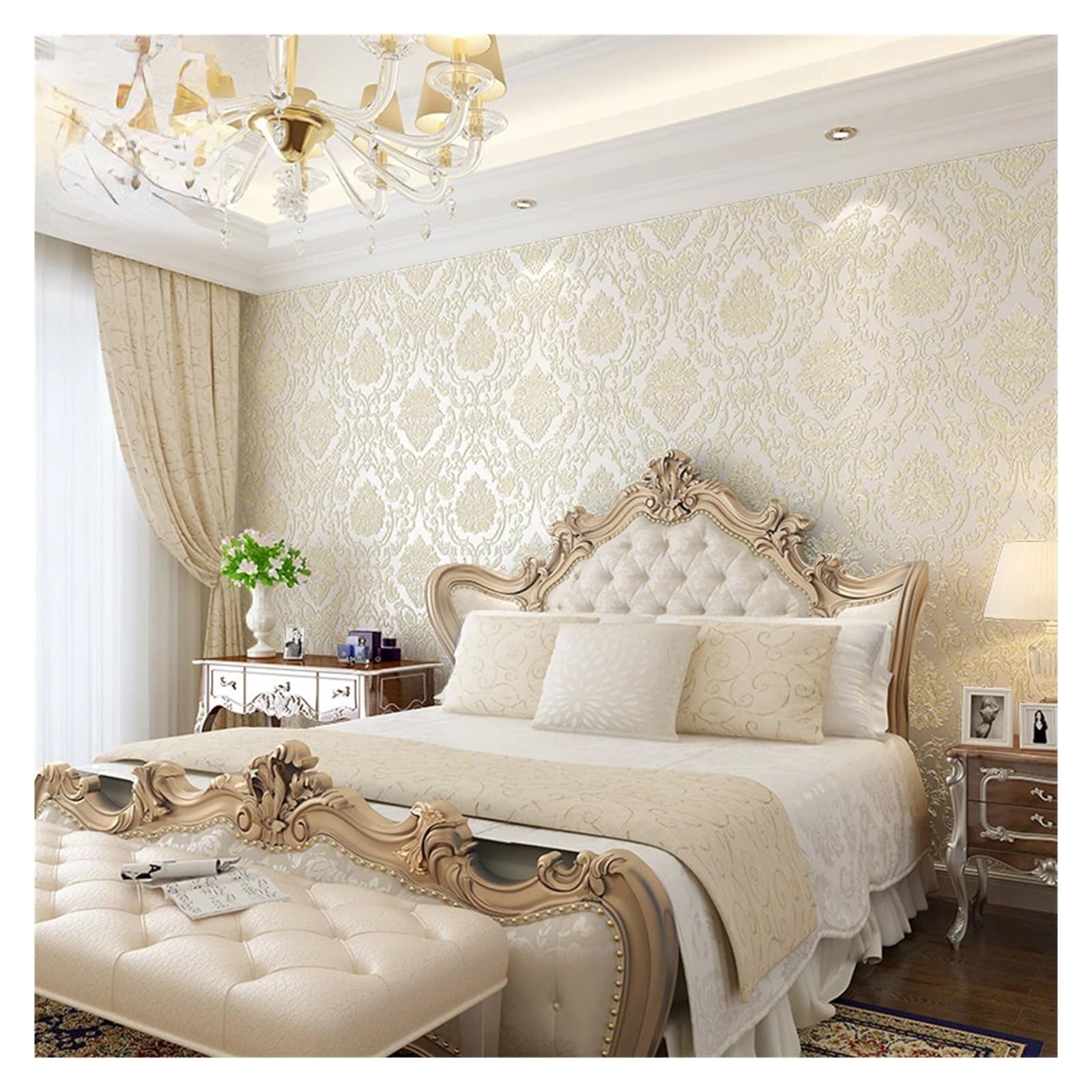 Papier Peint Textile Papier Peint Floral 3D For Chambre De Fille, Autocollant Texturé, Décoration D'intérieur En Rouleaux(White,10m(width 53cm))