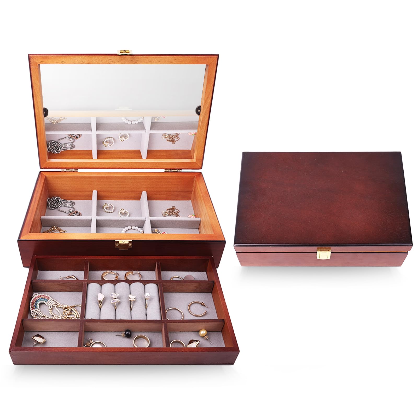 Jewelry Box with Mirror and Removable Divider,Mother's Day Gift, wooden Jewelry holder organizer for Necklace, Earrings, Rings & Bracelets, Walnut wood Jewelry box for Women and Girls