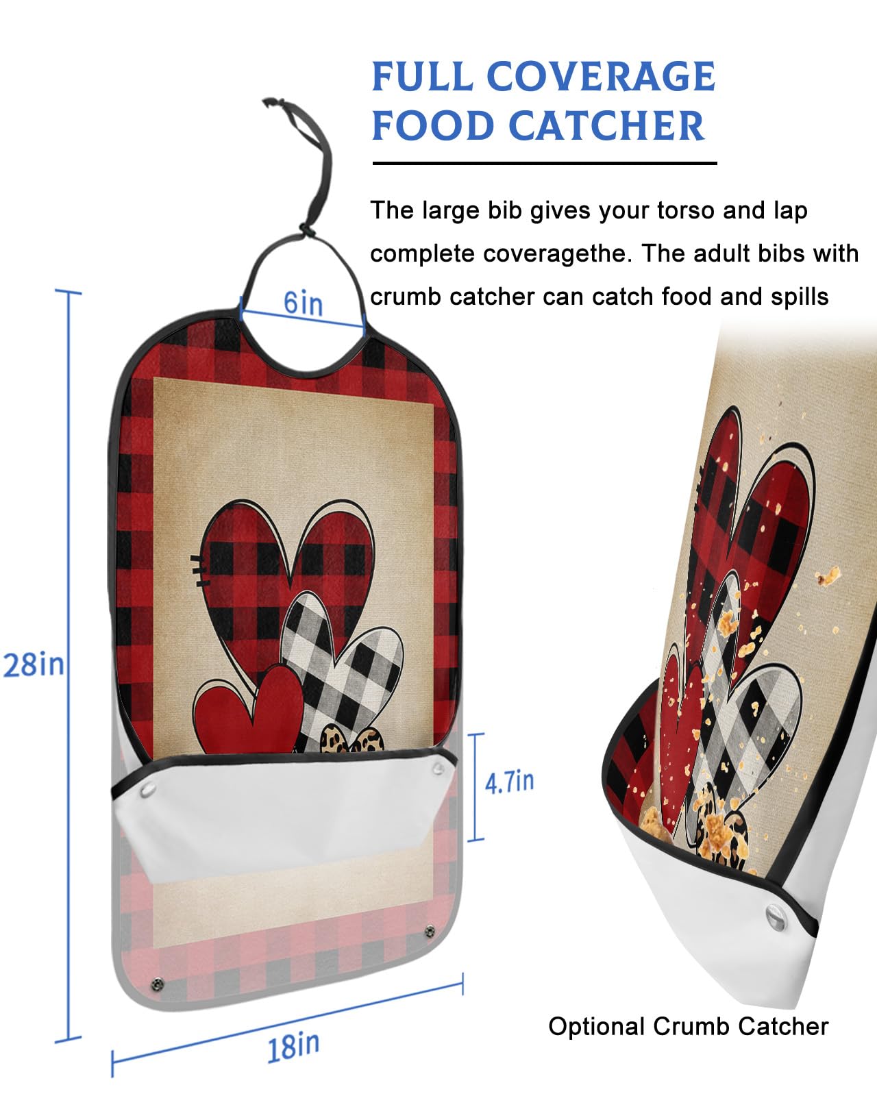 Valentine Love Heart Adult Bibs for Eating, Waterproof Bibs with Food Catcher & Adjustable Snap Closure, Vintage Red Black Checkered Washable Clothing Protectors Adult Bibs for Elderly Women/Men