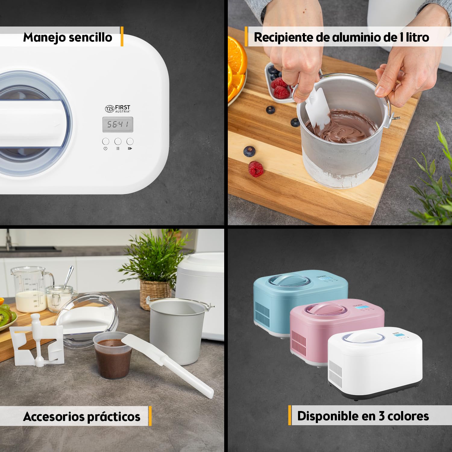 TZS First Austria Maquina Heladera y yogur | 1 L | Yogur helado, sorbete y helado | Incluye vaso medidor y espátula | blanco