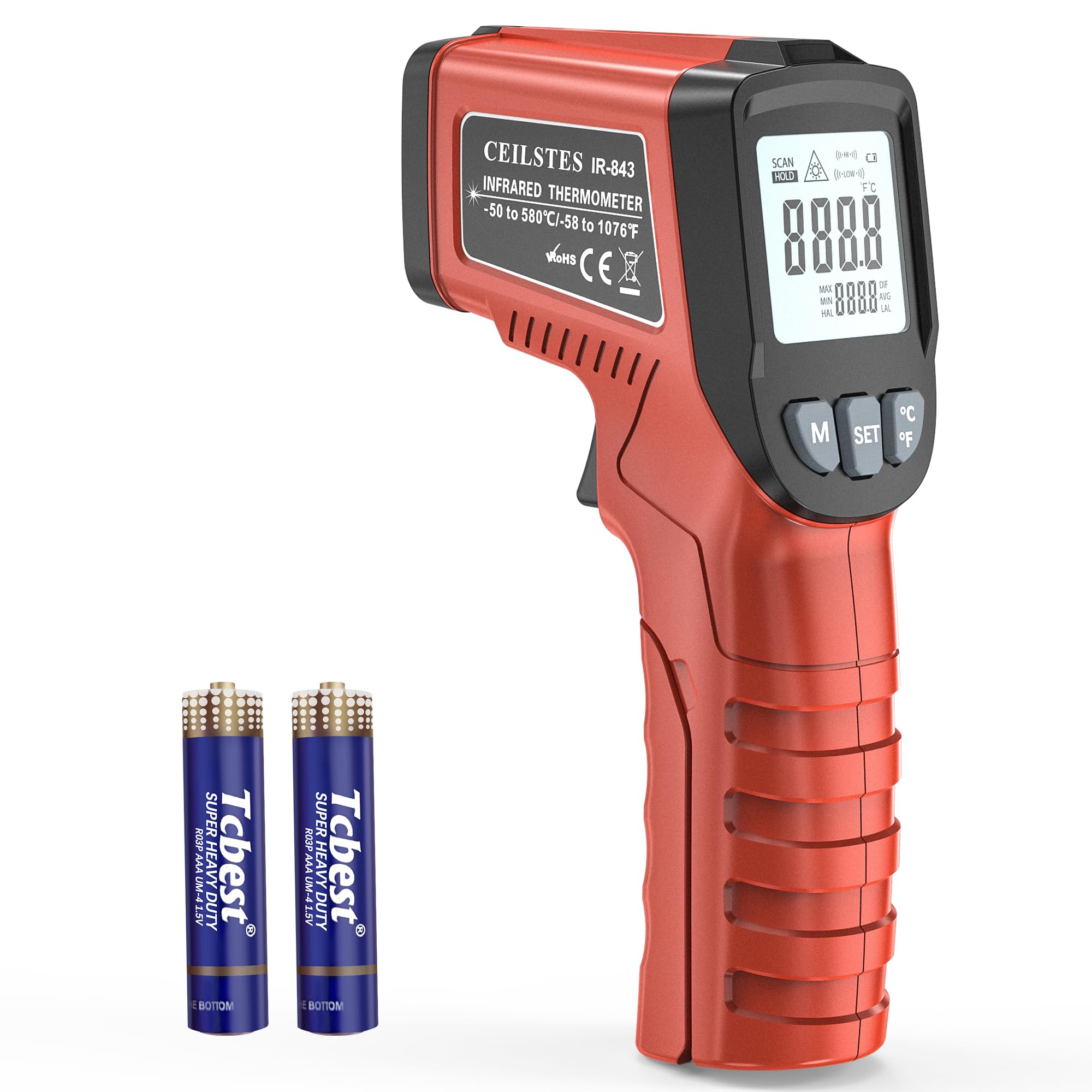 Pistola termometro a infrarossi, pistola a temperatura a infrarossi per cucinare, termometro laser da -58 °C a 580 °C, con emissione regolabile e max/min, adatta per industria, forni, HVAC