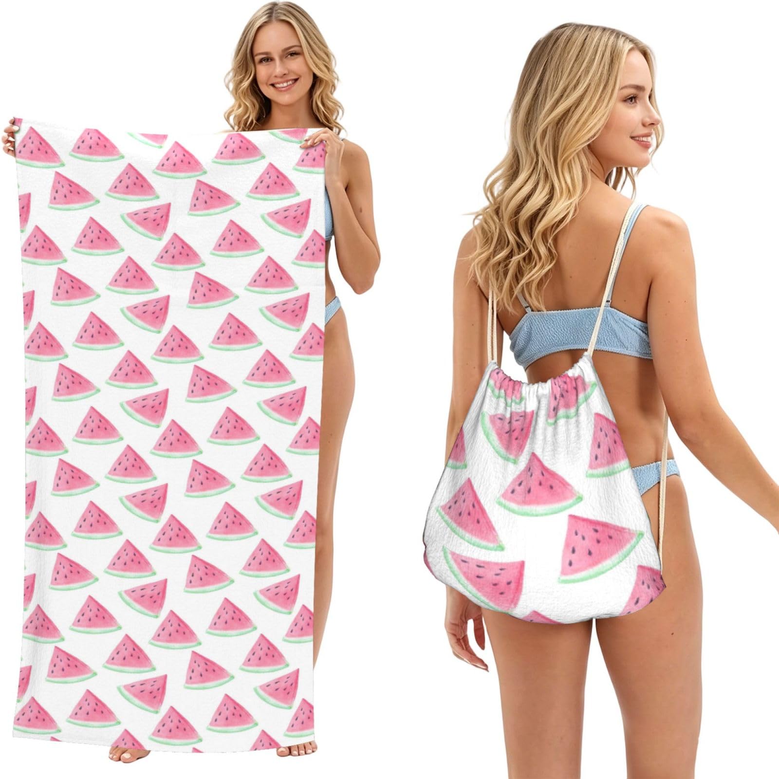 Poadnly As Picture Watermelons Fruit Pattern, 2 In 1 Packable Towel Bag, Beach Towels With Drawstring Backpack For Travel Holiday Camping