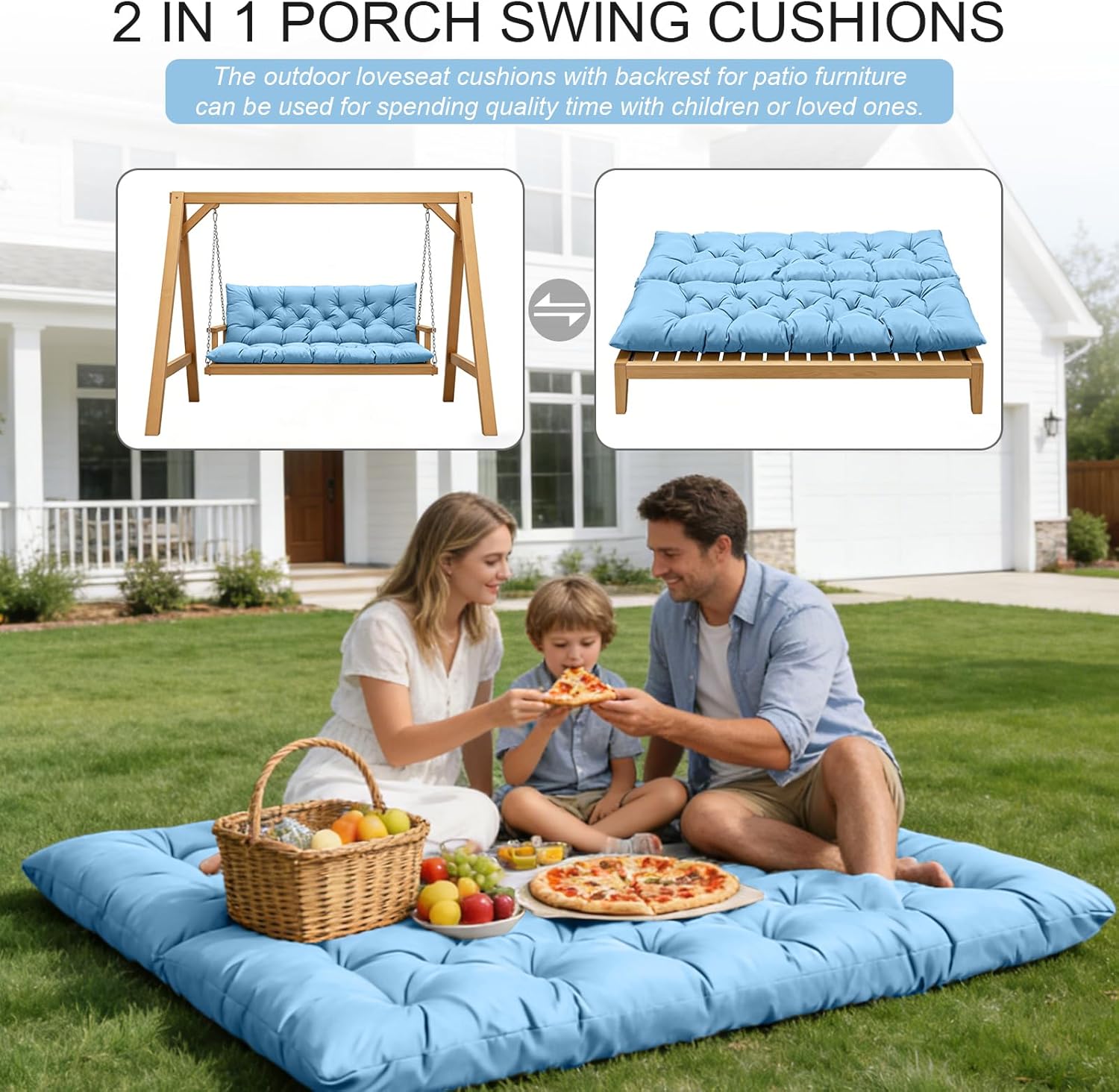 Outdoor Swing Cushions, 3 Seat Porch Swing Cushion Replacement with Backrest, Swing Cushions for Outdoor Furniture, for Patio,Backyard,Porch Garden Bench Cushion (Sky Blue 60 * 40 in)